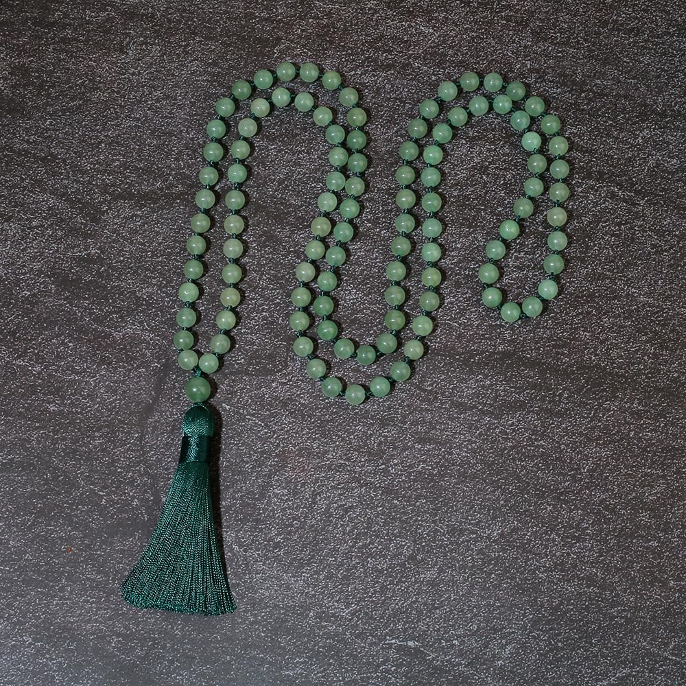 8mm Natural Stone Beads Knot 108 Mala Necklace Meditation Prayer Jewelry for Men and Women (Green Aventurine)