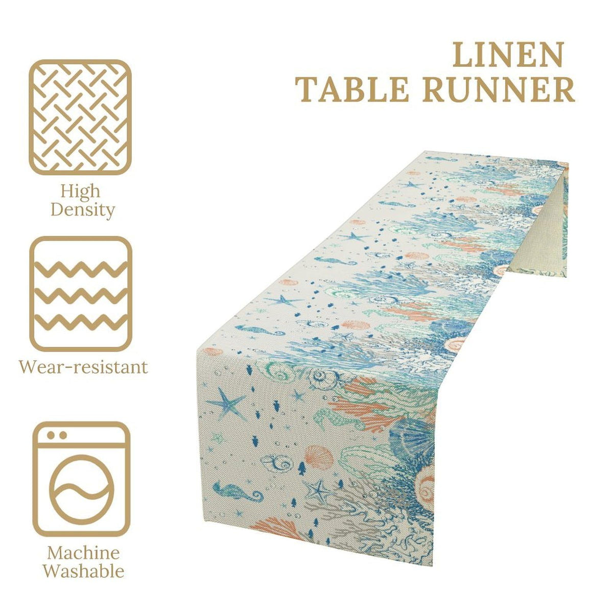 Coastal Beach Table Runner (13x90inch / Ocean Blue & Coral)