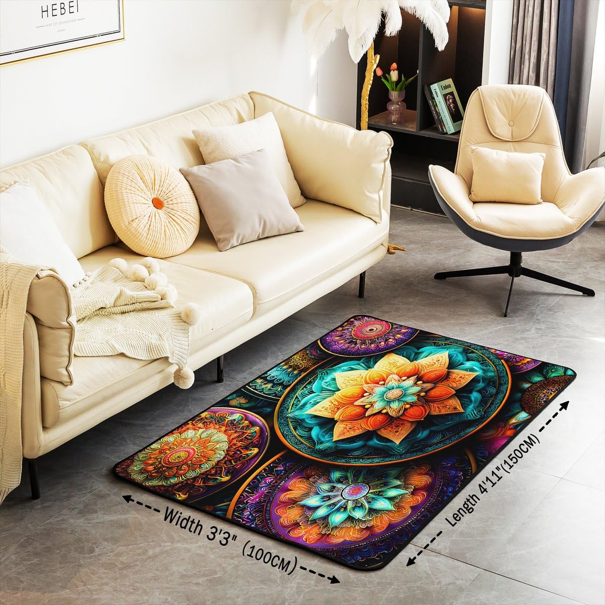 Vintage Mandala 3 x 5 Area Rug Victorian Decor Damask Rugs for Living Room (Orange Purple Turquoise / 3'3" x 4'11" (Rectangular))