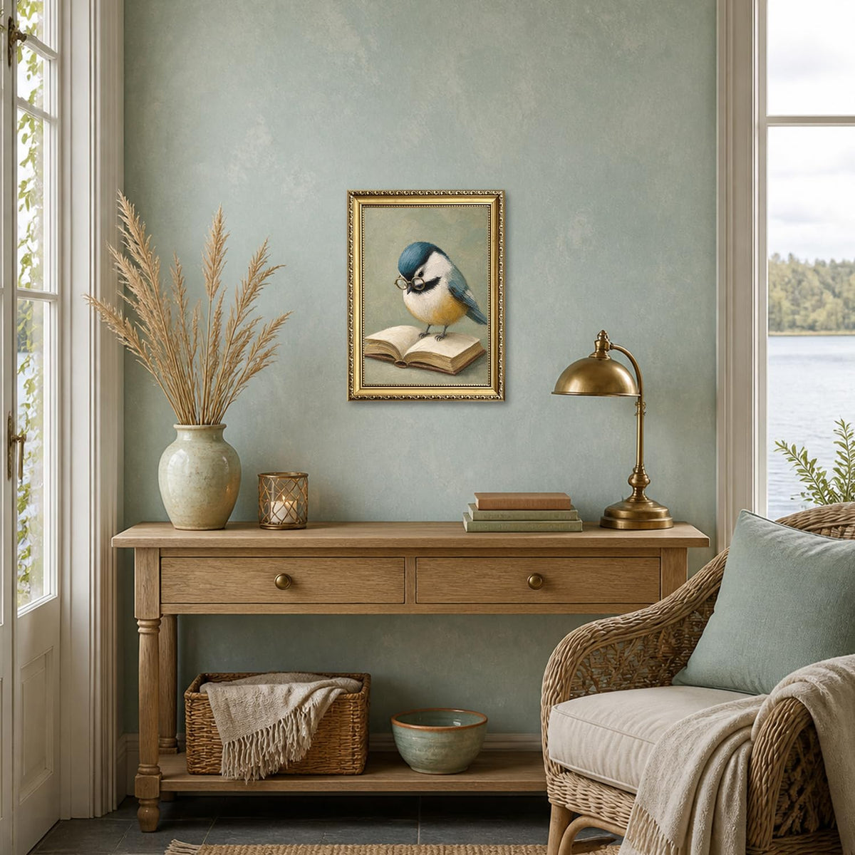 Vintage Blue Bird Reading Wall Art Cute Bird Book Lover Wall Decor Picture Whimsical Animal Poster Canvas Painting Print for Library Living Room Bedroom 12x16 in Gold Framed (Animal-DD / 16"L x 12"W)