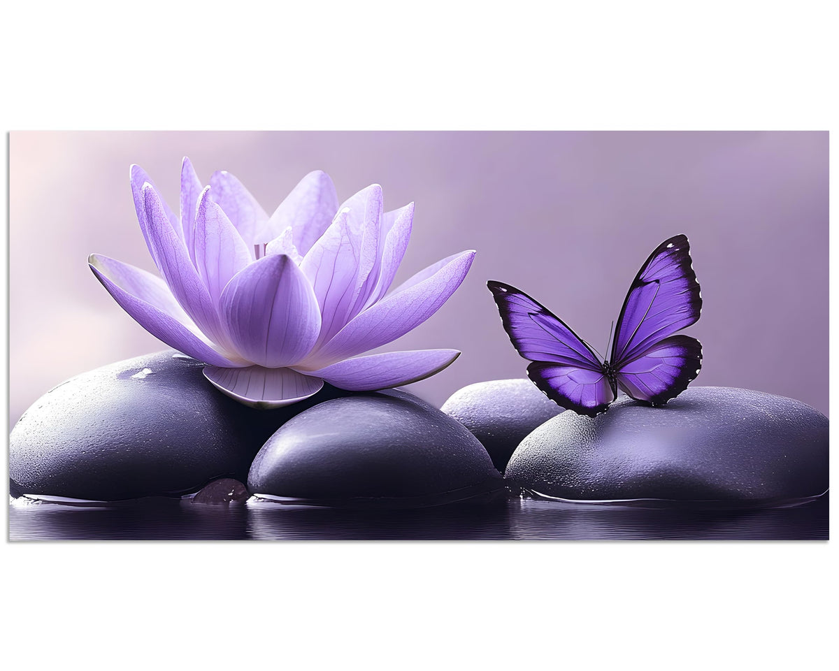 1 Panel Purple Canvas Wall Art Purple Pictures Spa Stone with Water Lily Butterfly on the Water Pictures Poster Zen Wall Art for Living Room Bedroom Ready to Hang (32"L x 16"W / Purple Zen 2)