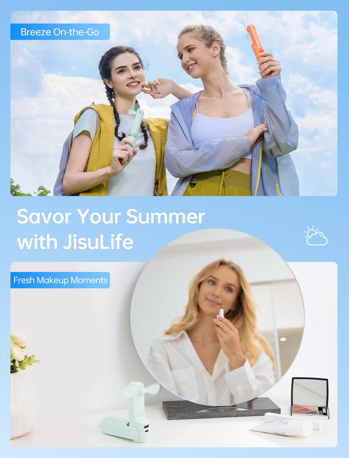 3 IN 1 Portable Fan with Power Bank & Flashlight Featured (Light Green)