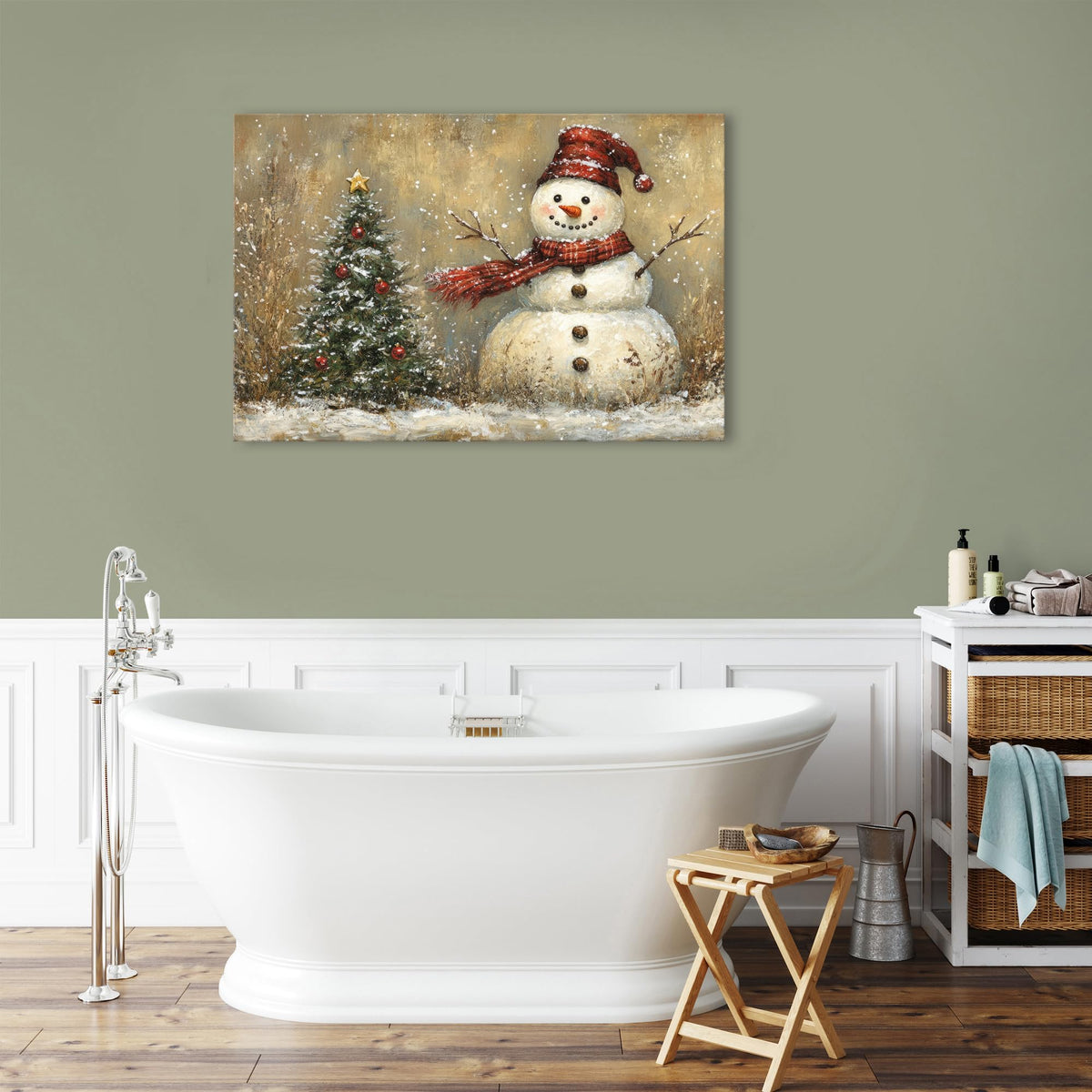 Christmas Poster Wall Art Living Room Bedroom Vintage Winter Snowy Landscape Wall Decor Farmhouse Christmas Seasonal Tree Framed Canvas Snowman Artwork Print Festival Pictures Home Decoration 24x36 (36"L x 24"W / Snowman Tree)