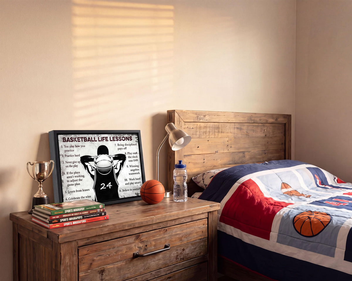 Black Framed Basketball Life Lessons Canvas Wall Art 24x36in (Basketball inspiration / 16"L x 12"W)