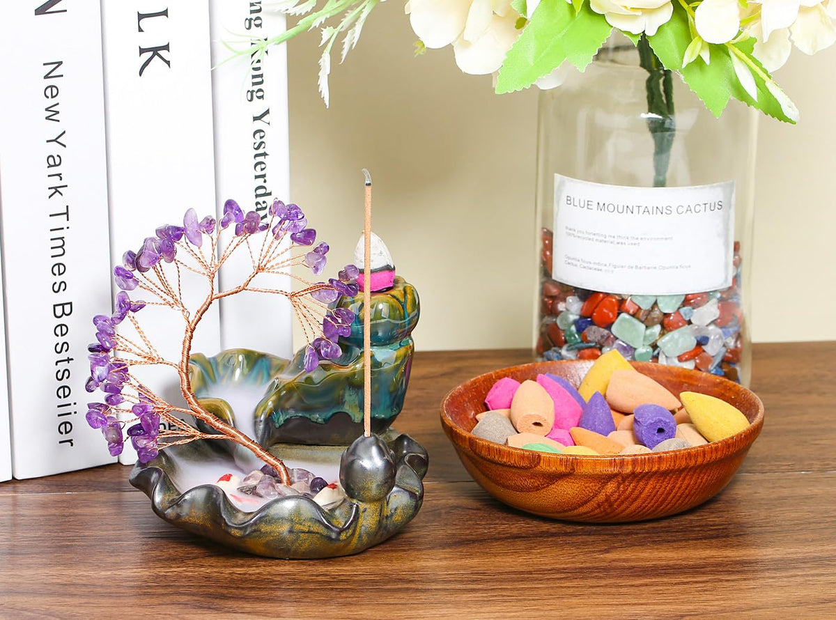 Incense Holder Ceramic Backflow Incense Waterfall Burner Amethyst Crystal Tree with 30 Burner Incense Cones for Room Home Zen Decor Meditation (Amethyst)