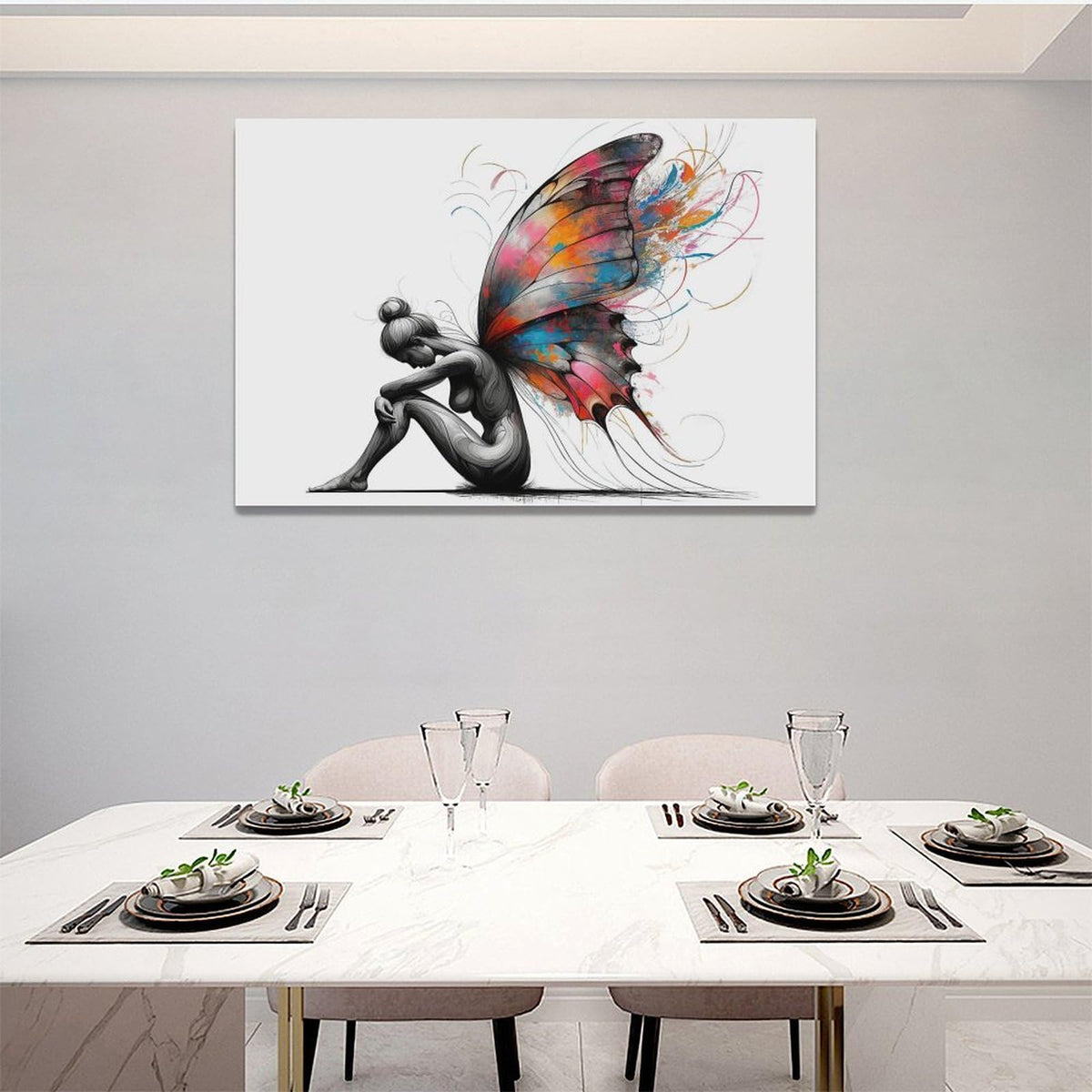 Butterfly Girl Wall Decor Colorful Butterfly Wings Pictures Canvas Wall Art Female Woman Painting Girl Room Decor Artwork Decorations Framed for Bedroom Bathroom living Room Office 24 x 16 inch (24"L x 16"W / Butterfly Wings)