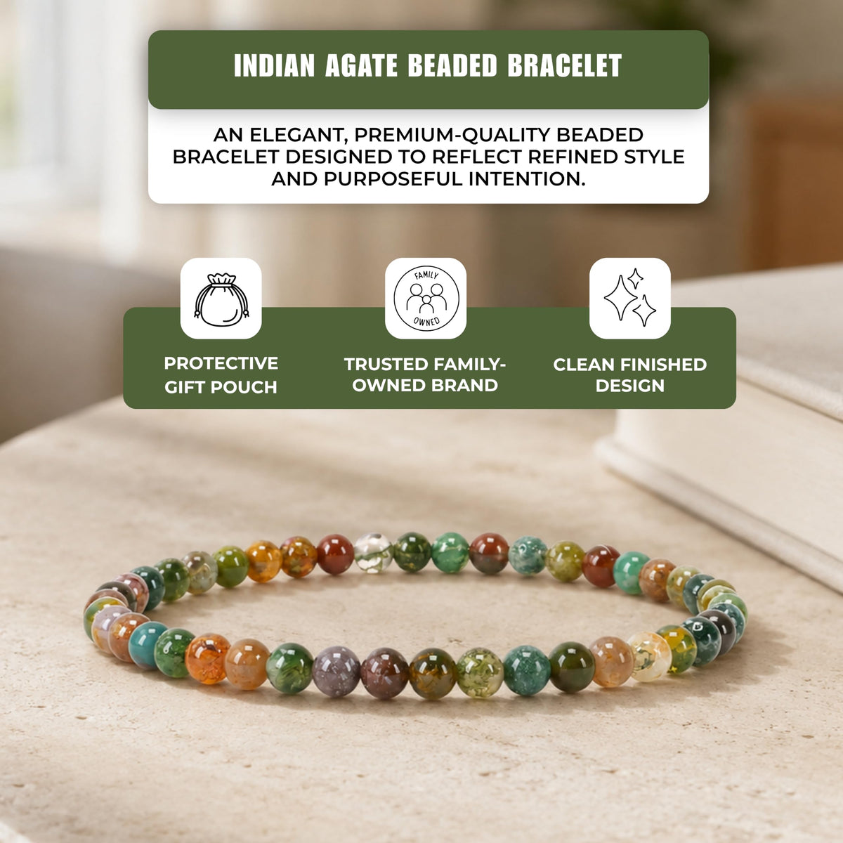 Indian Agate Bracelet 4mm Beaded Bracelet (Indian Agate / Small)