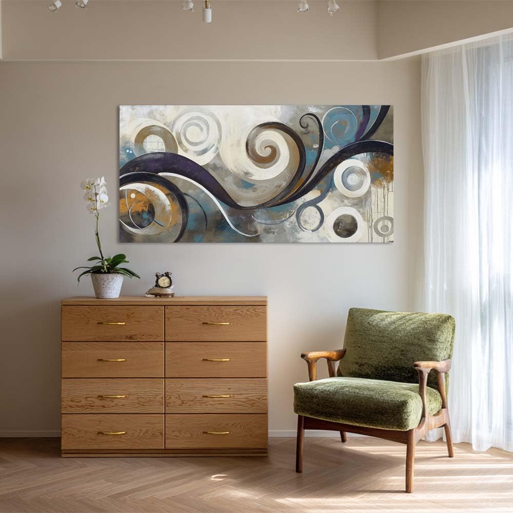 Teal Brown Swirl Geometric Canvas Wall Art Modern Abstract Painting Flat Print Gallery Wrapped Contemporary Artwork for Living Room Bedroom Bathroom Decor (Abstract / Blue Swirl 12 / 46"L x 23"W)