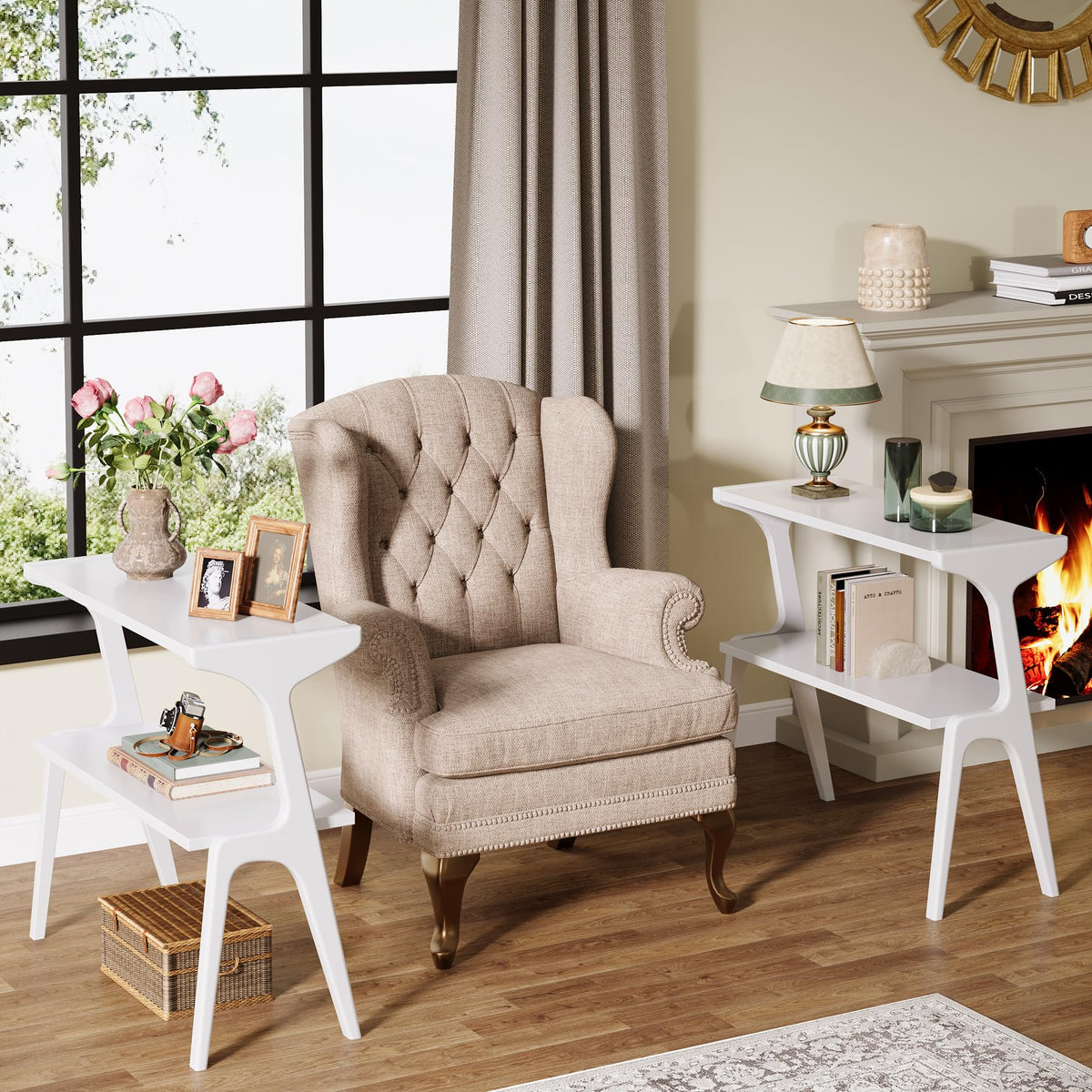 Set of 2 Solid Wood End Table (White)