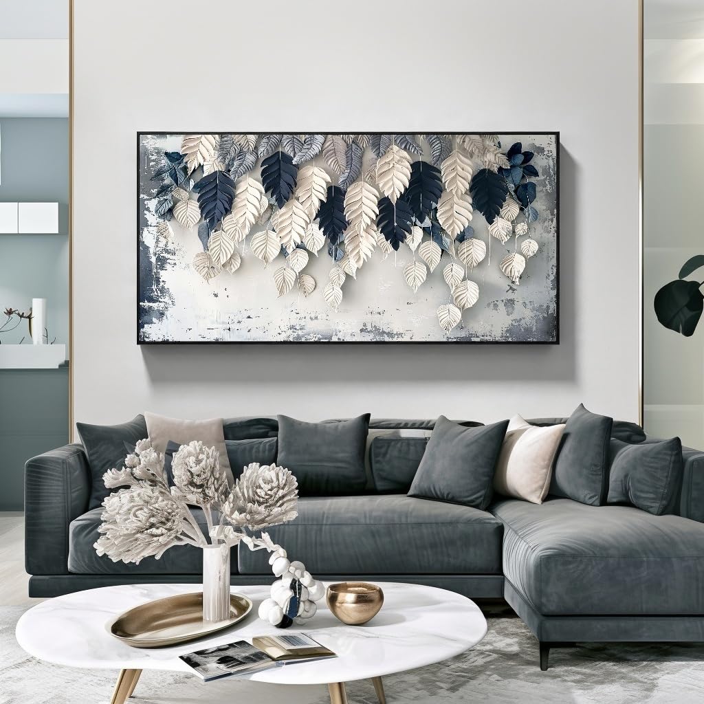 Botanical Leaf Wall Art White Blue Modern Framed Canvas Decor 20"x40" (40"L x 20"W / Leaf 01)