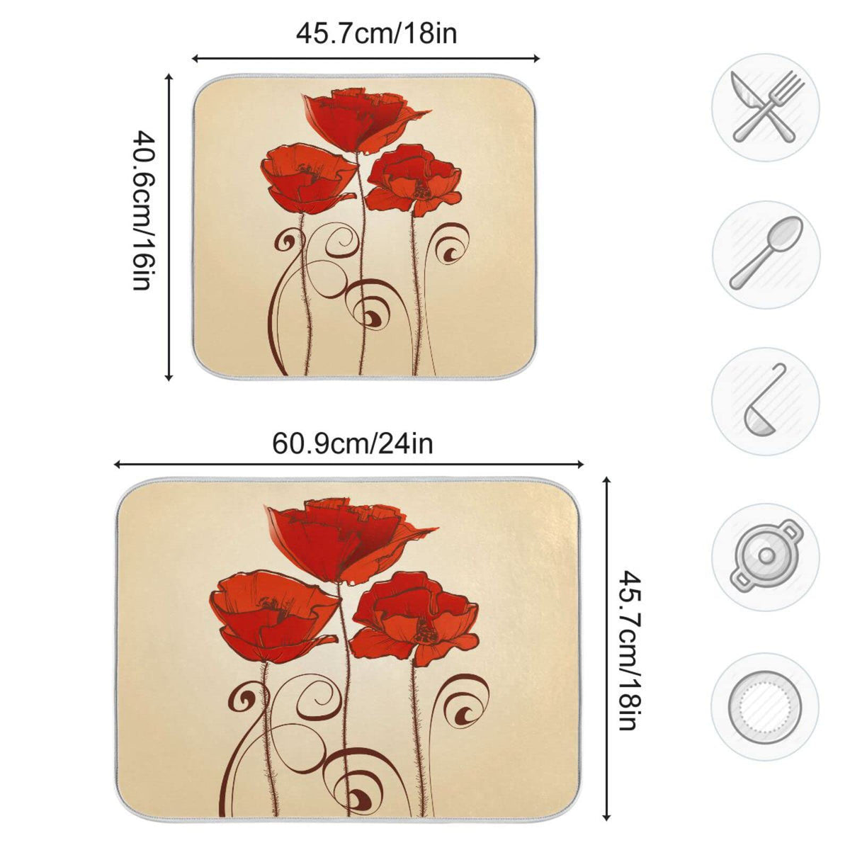 Super Absorbent Dish Drying Mat (Red Poppy Flowers Retro / 16" x 18")