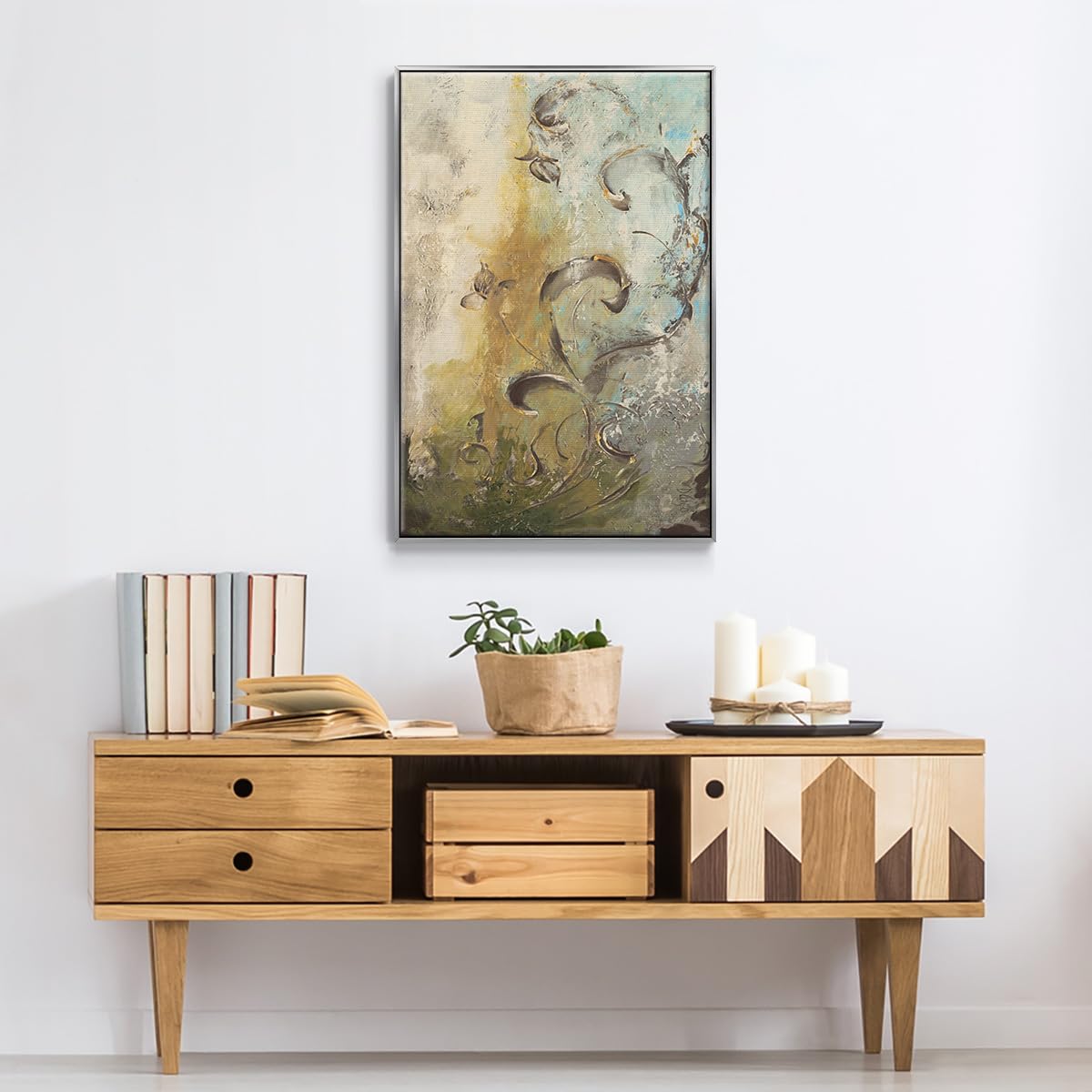 Nature Wall Art Silver Floating Frame Paintings Modern Enchanted Garden Foliage Abstract Hanging Artwork Home Prints for Bedroom Office Kitchen (41"L x 27"W / Enchanted Garden I)