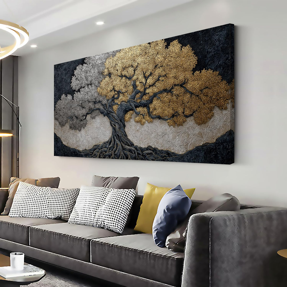 Gold Tree Wall Art for Living Room Office Symbolic dichotomy Metallic Tree of life Painting Prints Modern Abstract Canvas Artwork Dining Bedroom Decor Large (Modern / Silver Gold Tree of life Wall Art / 46L" x 23W")