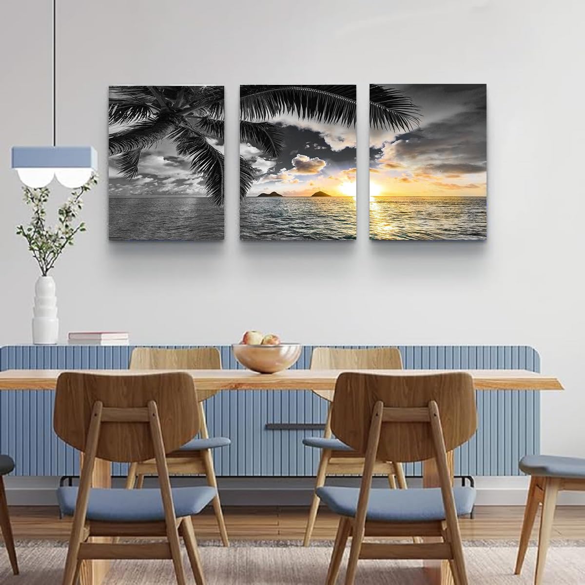 Sunset Beach Canvas Wall Art Bathroom Black and White Coastal Wall Decor Ocean Prints Art Seascape Pictures Palm Painting Artwork for Living Room Bedroom Decor Office Home Decoration (BAbesH3 / 16"x24"inches x 3 pcs)