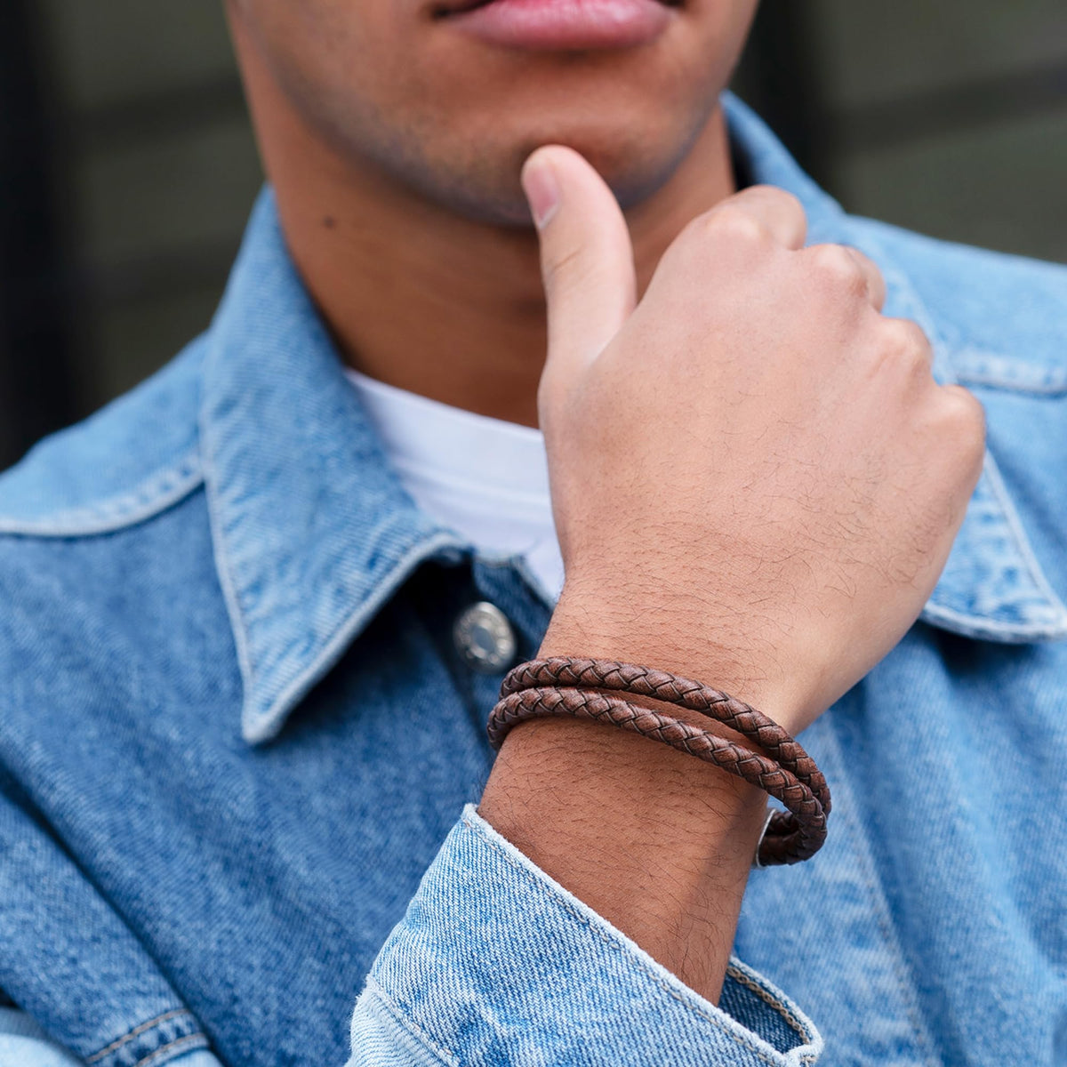 Brown Leather Bracelet for Men (Medium / Double Braided)
