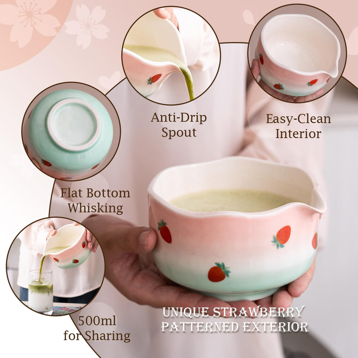 Matcha Whisk Set Elegant Petal Shaped Matcha Bowl Design (Strawberry)