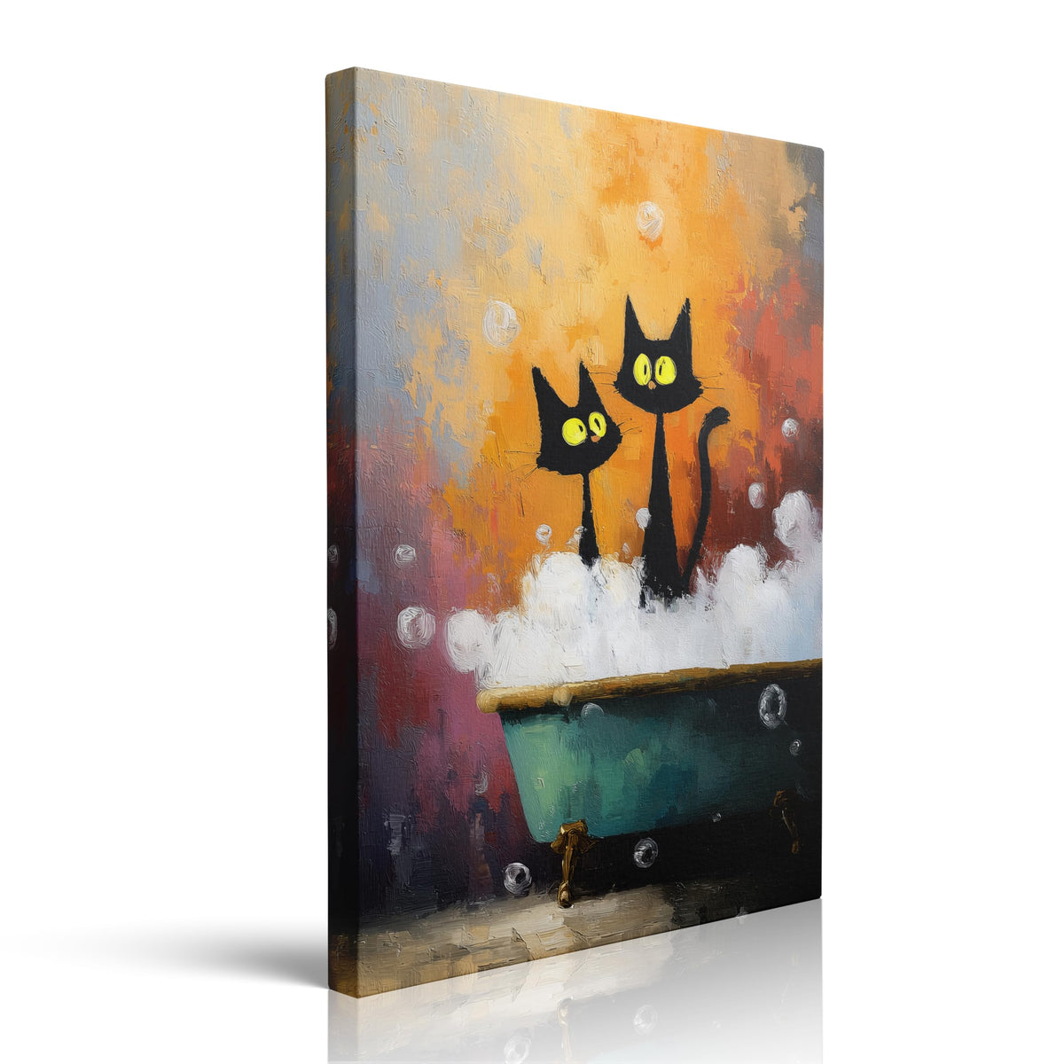 Funny Black Cat Bathroom Canvas Wall Art Oil Painting Two Cats with Yellow Eyes in Vintage Bathtub Bubbles and Pink Background Whimsical Pet Artwork for Bathroom Laundry Room Wall Decor 16x24 Inches (Two black cats / 24"L x 16"W)