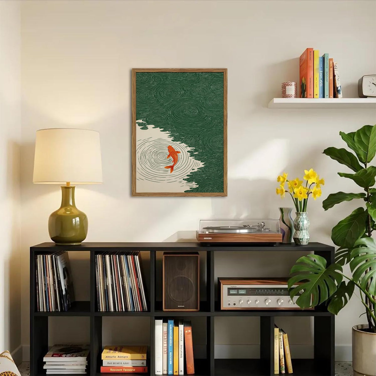 Japanese Koi Fish Wall Art Minimalist Asian Zen Wall Decor Picture Nature Water Animal Canvas Painting Print for Living Room Bedroom Bathroom 24x16 inch Wood Framed (Animal-E / 24"L x 16"W)