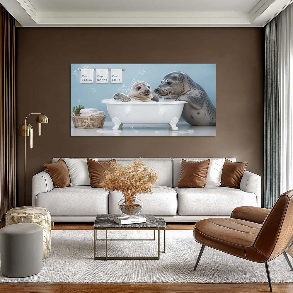 Cute Baby Seal Bubble Bath Canvas Wall Art Funny Animal Bathtub Painting Flat Print Gallery Wrapped Artwork for Living Room Bedroom Bathroom Decor (Wildlife / White Baby Seals Bathtub 22 / 58"L x 28"W)