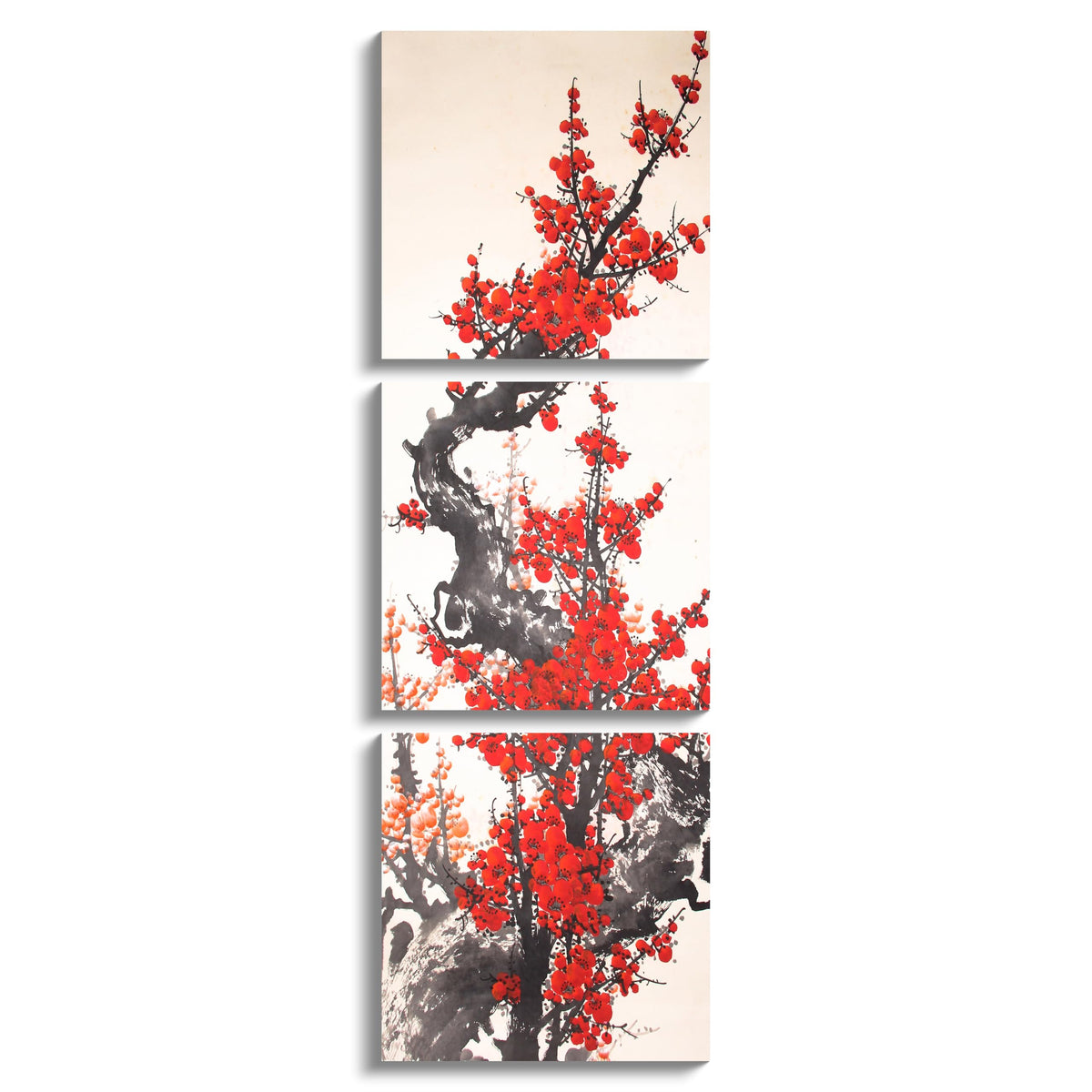 3Pcs Traditional Chinese Red Plum Blossoms Canvas Wall Art Print Red Flowers Asian Floral Painting for Home Decor Living Room Bedroom Office Botanical Artwork Ready to Hang (flower3 / 20x20 inches (3 pieces))