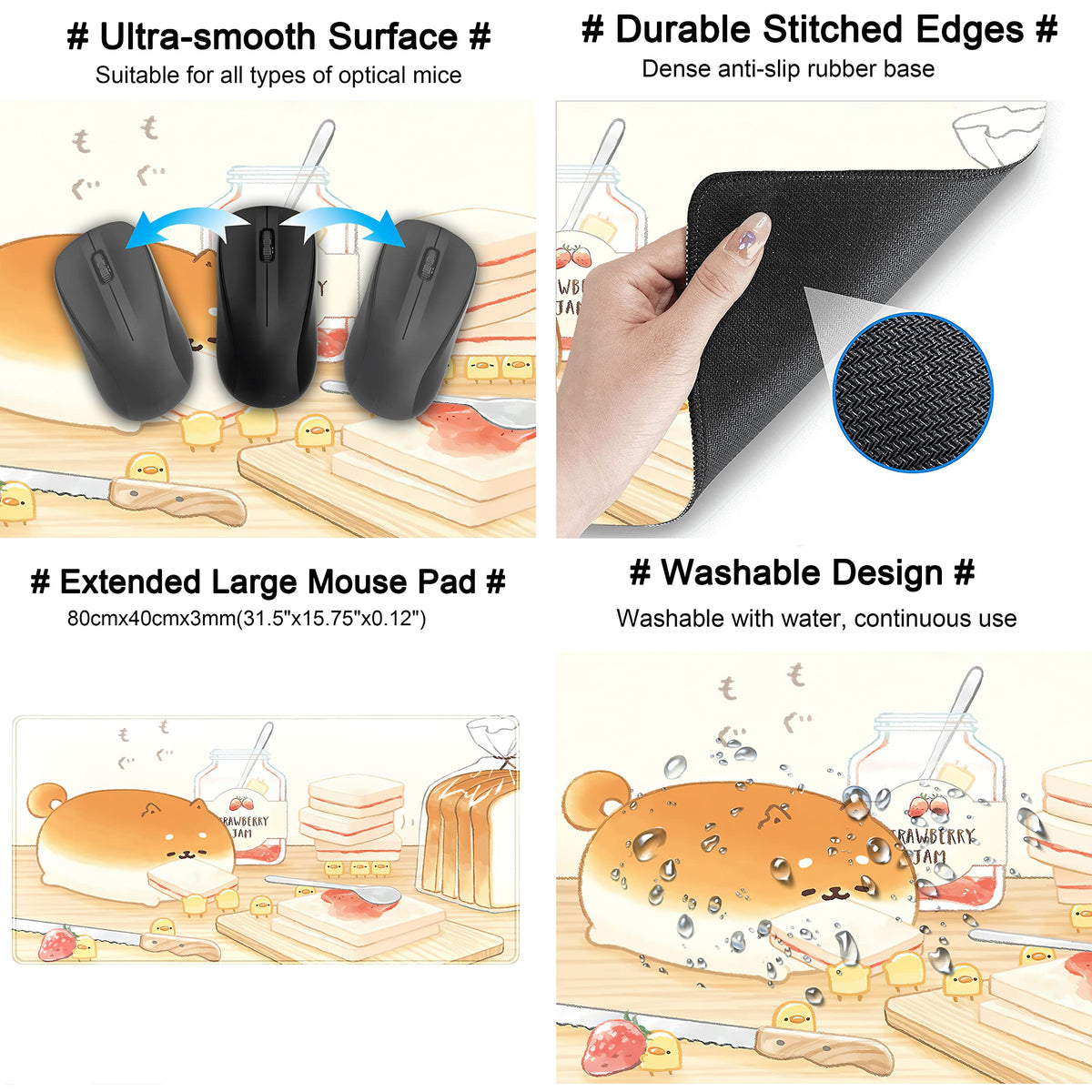 Cute Desk Mat Anime Cartoon Desk Pad Mouse Pad Kawaii Large Yellow Shiba Inu Gaming Mousepad XXL Laptop Keyboard Desktop Writing Pad Stitched Edge Desk Accessories for Girls Students 31.5''X15.7'' (Yellow Toast Bread)