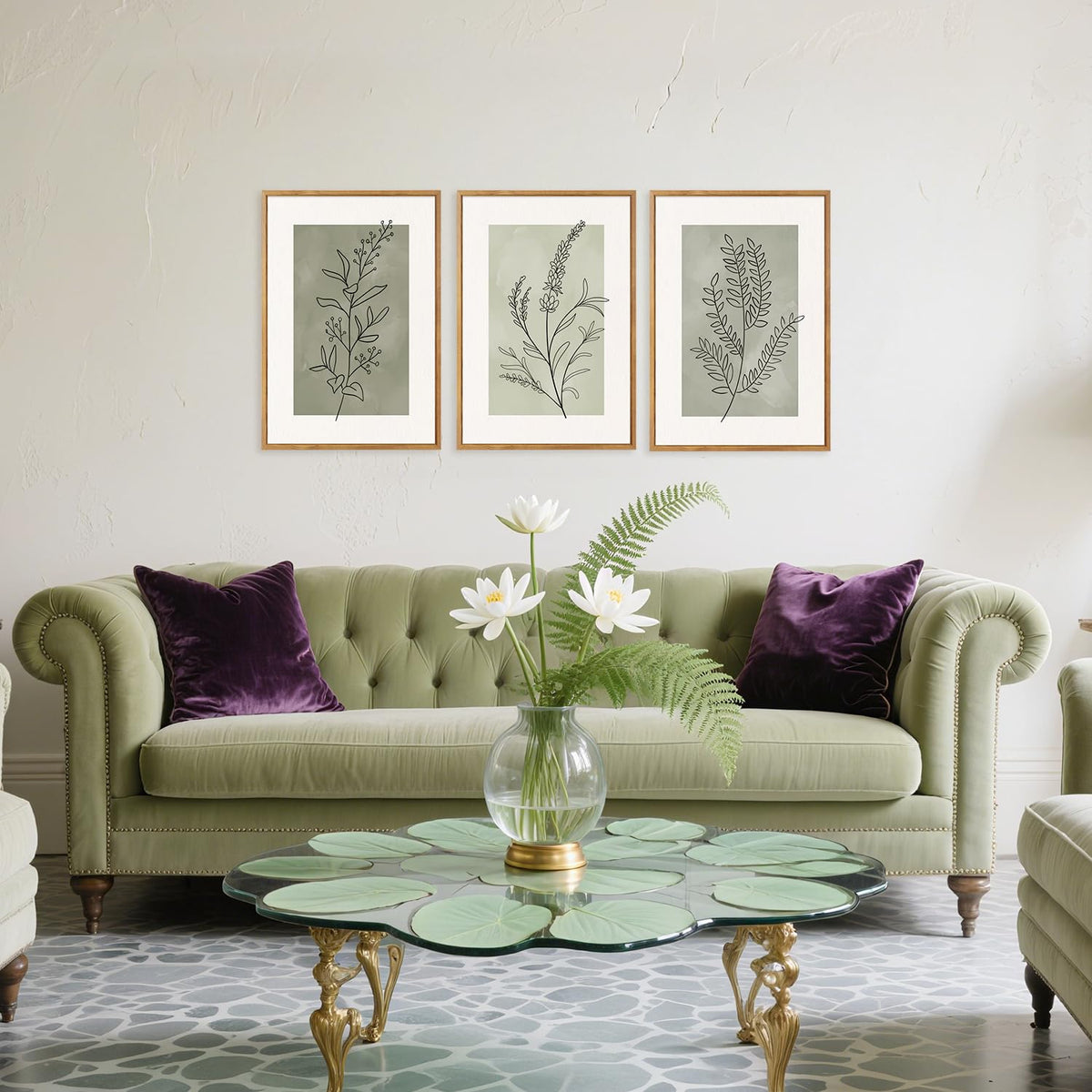 Botanical Sage Leaf Framed Canvas Wall Art Set Of 3 (Flower)