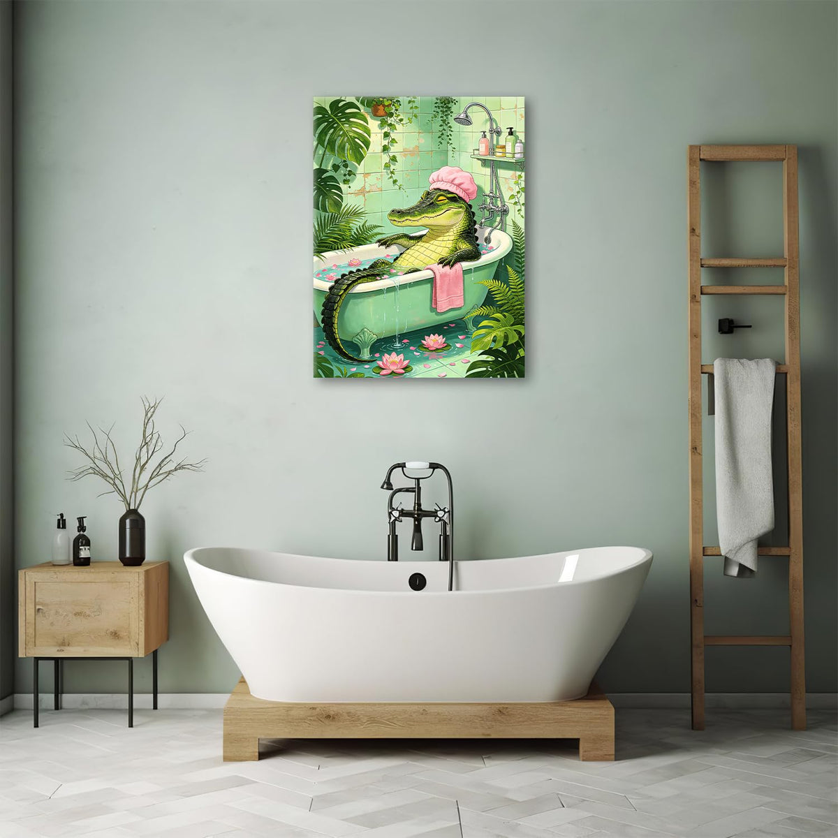 Bathing Crocodile Canvas Wall Art Funny Bathroom Framed ArtWork 16"x20" (Bathing Crocodile / 20"L x 16"W)