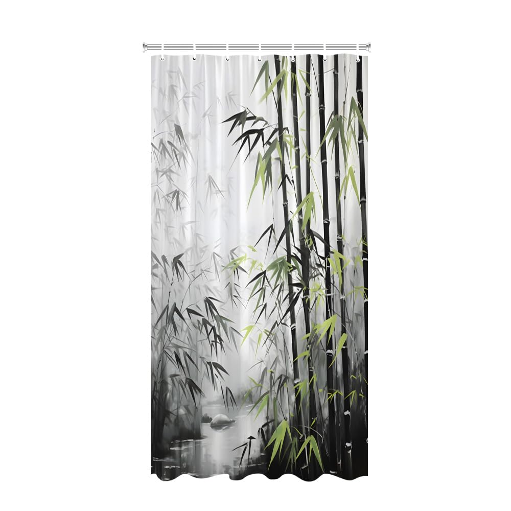 Bamboo Shower Curtain Retro Bamboo Forest Green Grey Leaf River Vintage Asian Japanese Ink Painting Spa Fabric Bathroom Decor Curtains with Hooks (Green Black / 35"W x 70"L (Pack of 1))