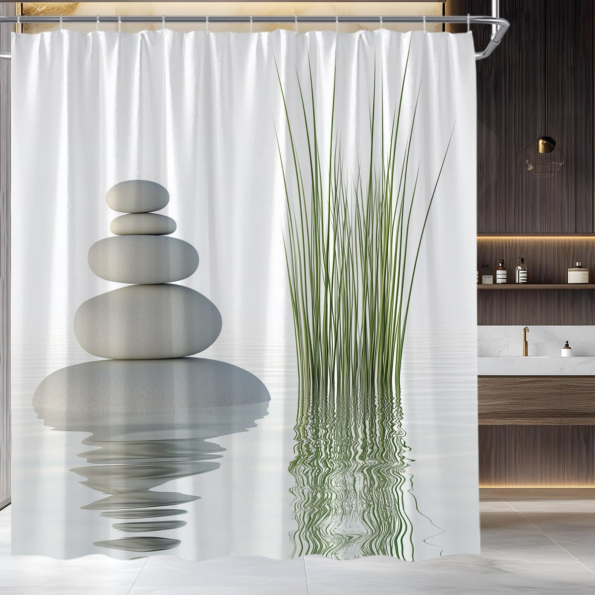 Zen Spa Shower Curtain Stone Wild Grass Reflection in Water Still Life Art Design Fabric Bathroom Decor Set (White / 70"W x 84"L (Pack of 1))