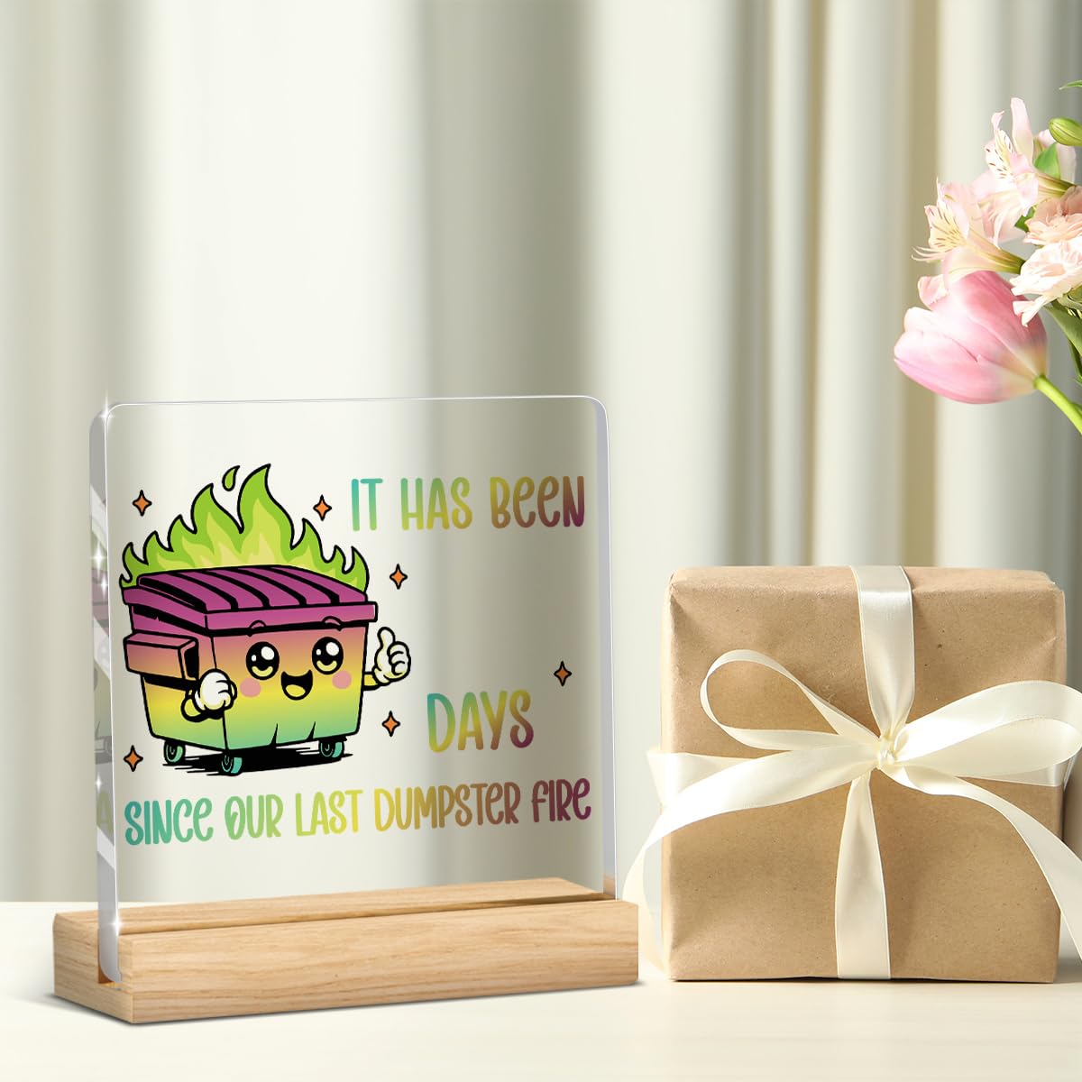 Funny Office Decor Dumpster Fire Desk Accessories Funny Office Gifts It Has Been Days DIY Acrylic Sign for Home Bedroom Living Room (Gradient It Has Been Days Since Our Last Dumpster Fire / Wooden base acrylic with a pen)