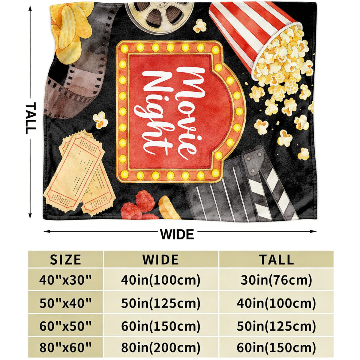 Movie Night Fleece Blanket Popcorn Cinema Blanket Gifts Room Decor 30"x40" (Movie Night / 30"X40")