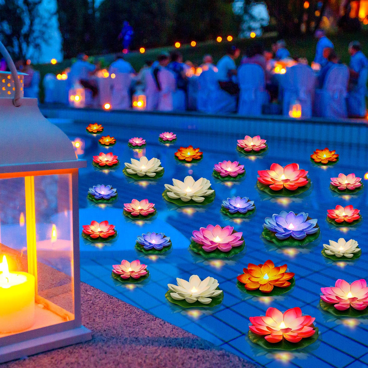 36 Pcs Diwali Floating Lotus Lights (Rich Color / 3.94, 5.91 Inch)