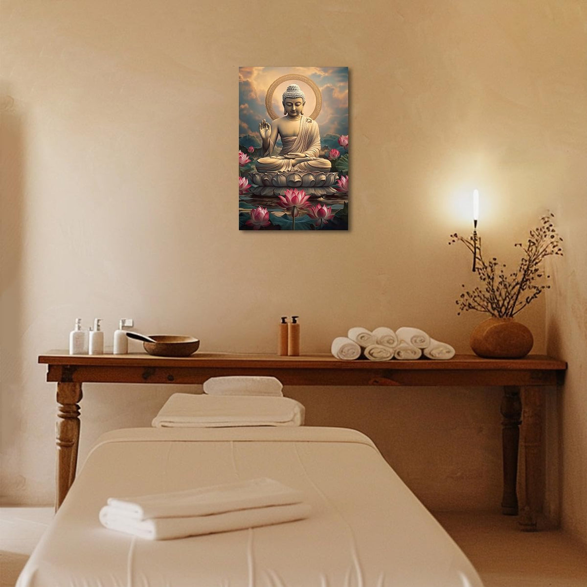 Buddha Canvas Wall Art Zen Picture Lotus Flower Painting Buddha Statue Prints Pink Floral Artwork Meditation Buddhist Artwork Prayer Room Decor Frame (Beige / 24L" x 16W")