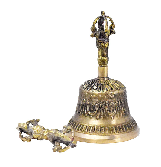 Large Antique Brass Tibetan Bell & Dorje Vajra for Meditation (Brass / Large)