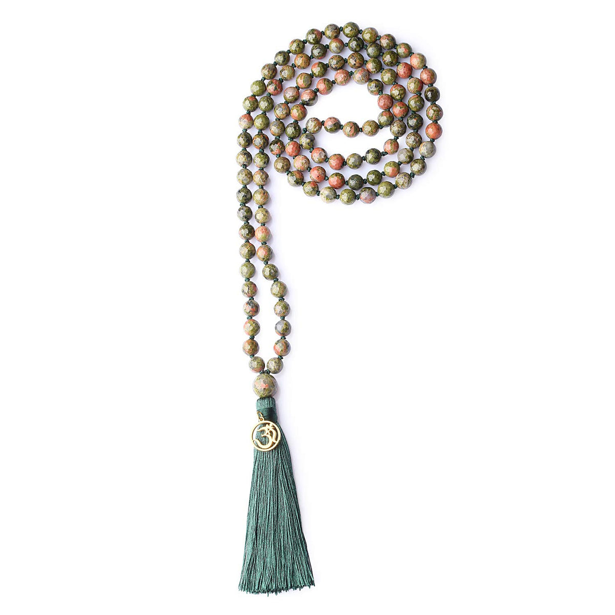OM Charm Hand Knotted Tassel Unakite Stone 108 Mala Beads Necklace 8mm (8mm / Faceted Unakite)