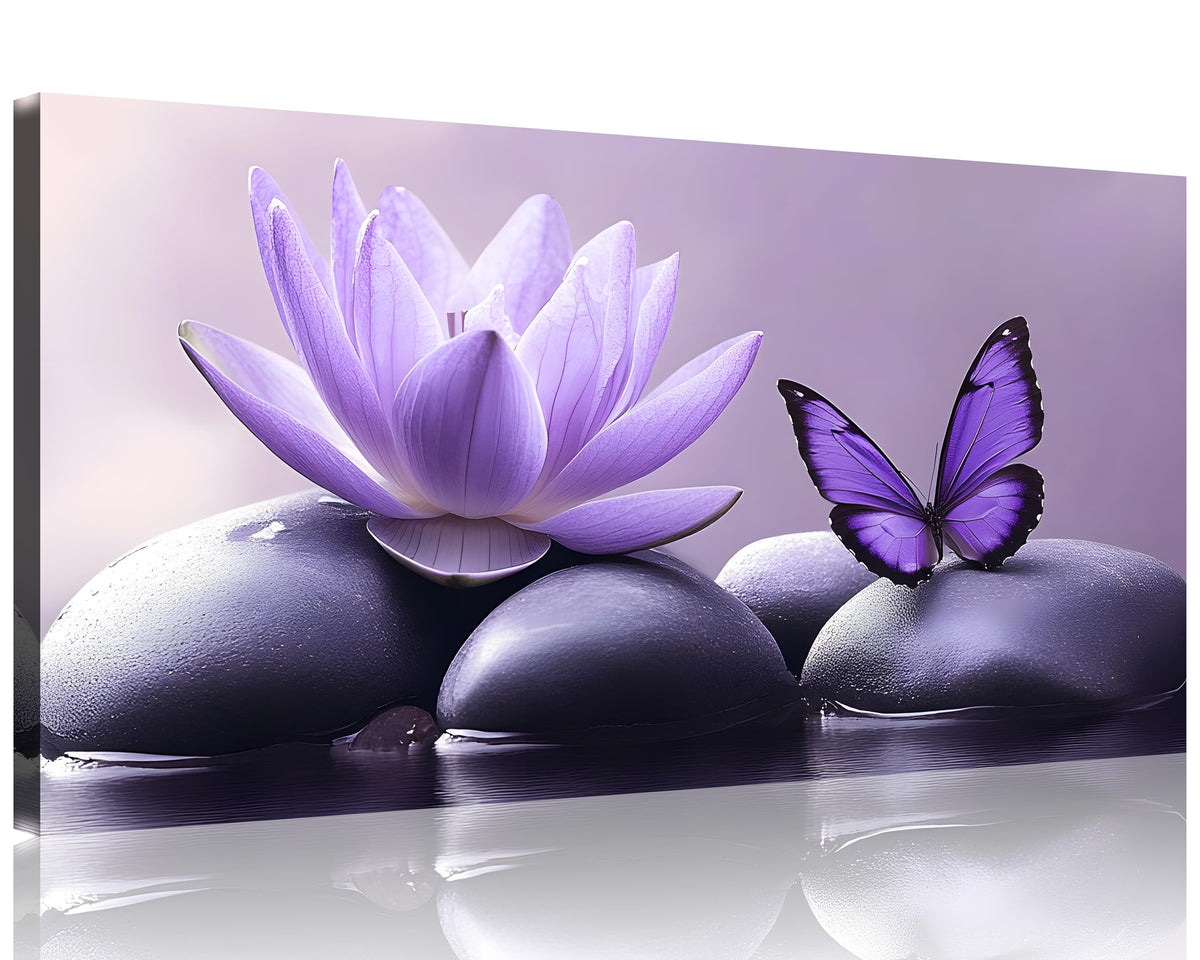 1 Panel Purple Canvas Wall Art Purple Pictures Spa Stone with Water Lily Butterfly on the Water Pictures Poster Zen Wall Art for Living Room Bedroom Ready to Hang (24"L x 12"W / Purple Zen 2)