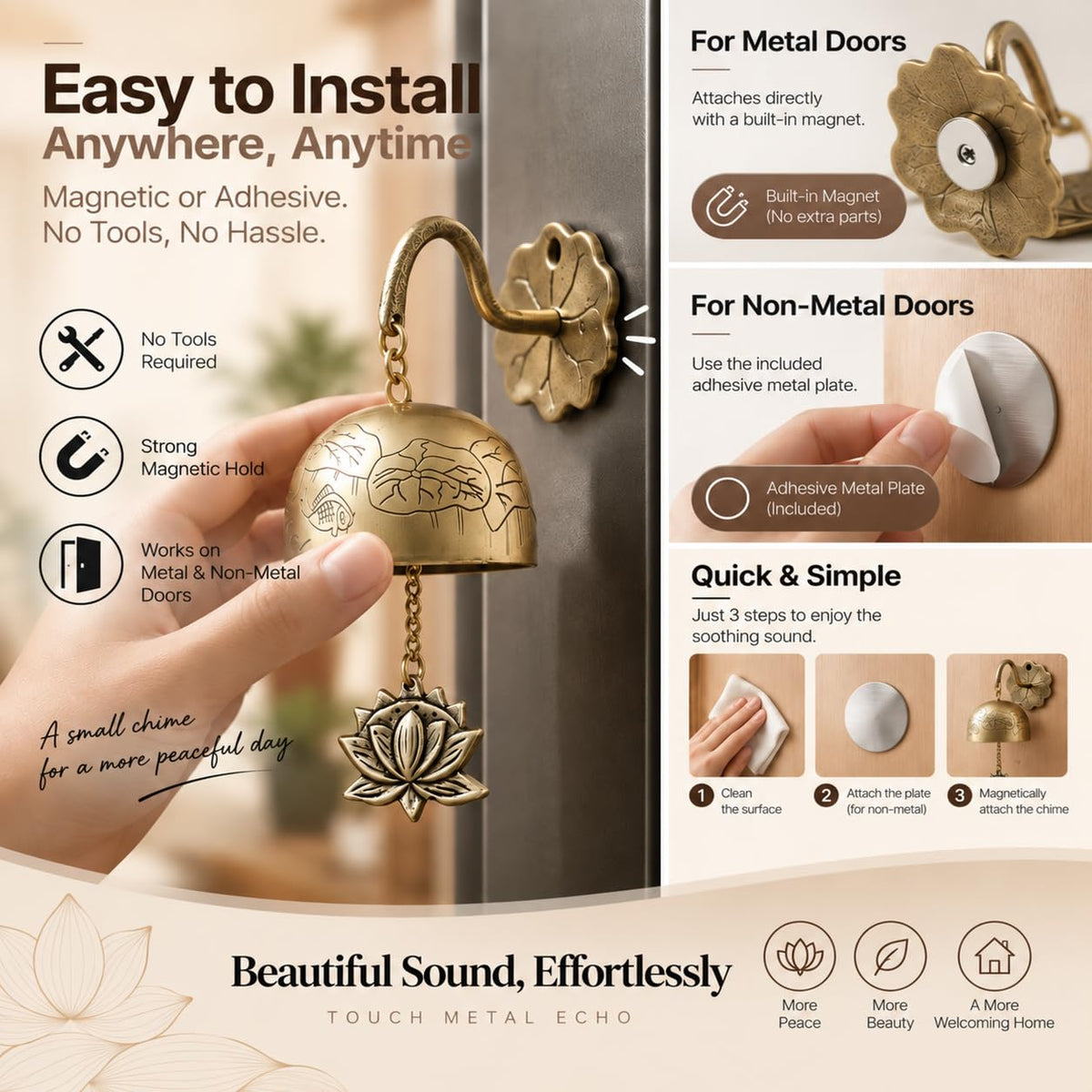 Solid Brass Bell for Door (Gold Lotus)