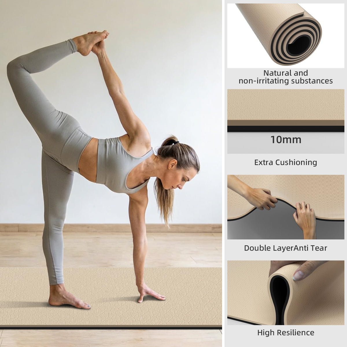 TPE Yoga Mat10mm Thick Wide Exercise Mat for Home Workout Carry Strap (beige)