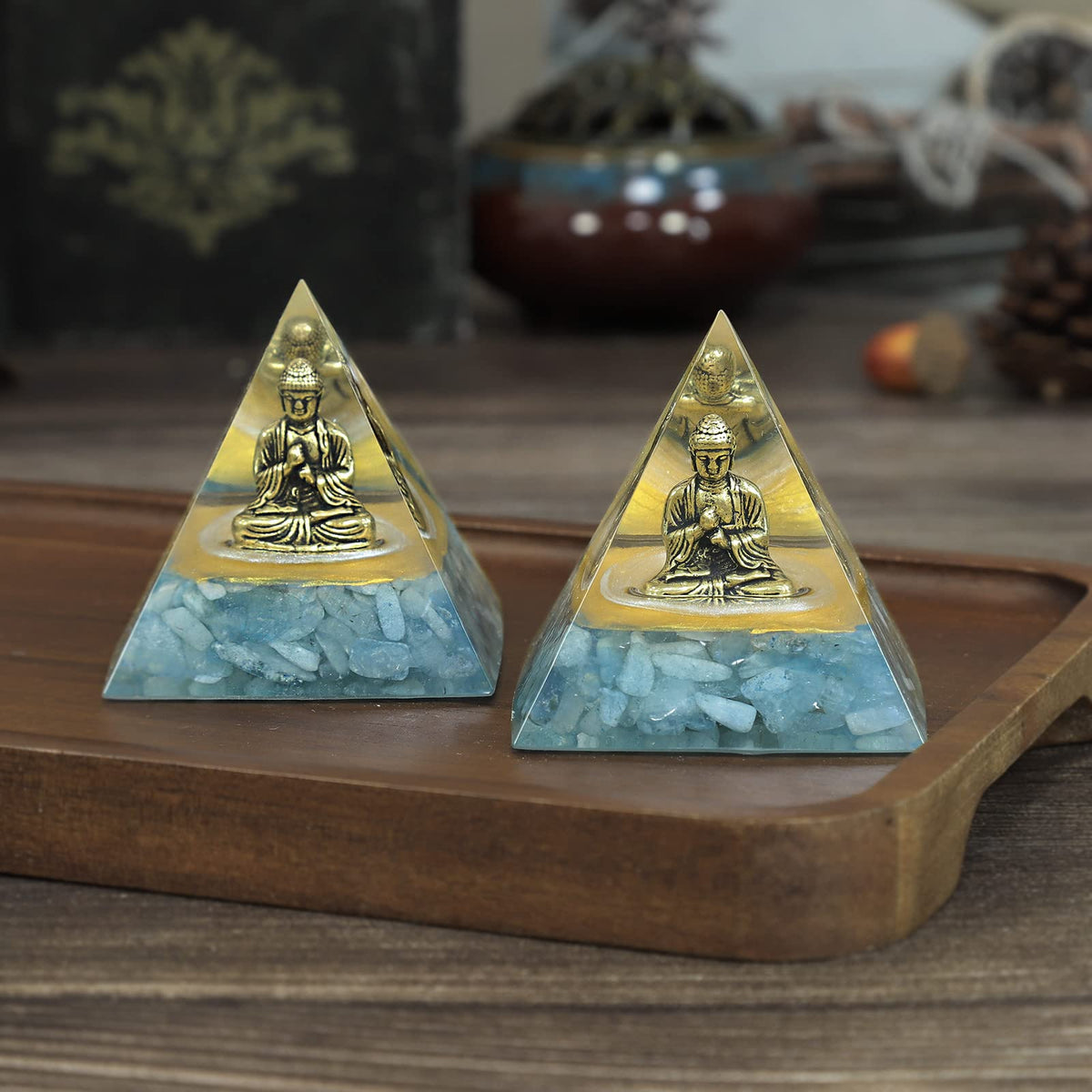 Hand Carved Aquamarine Buddha Statue Orgone Crystal Pyramid (Blue)