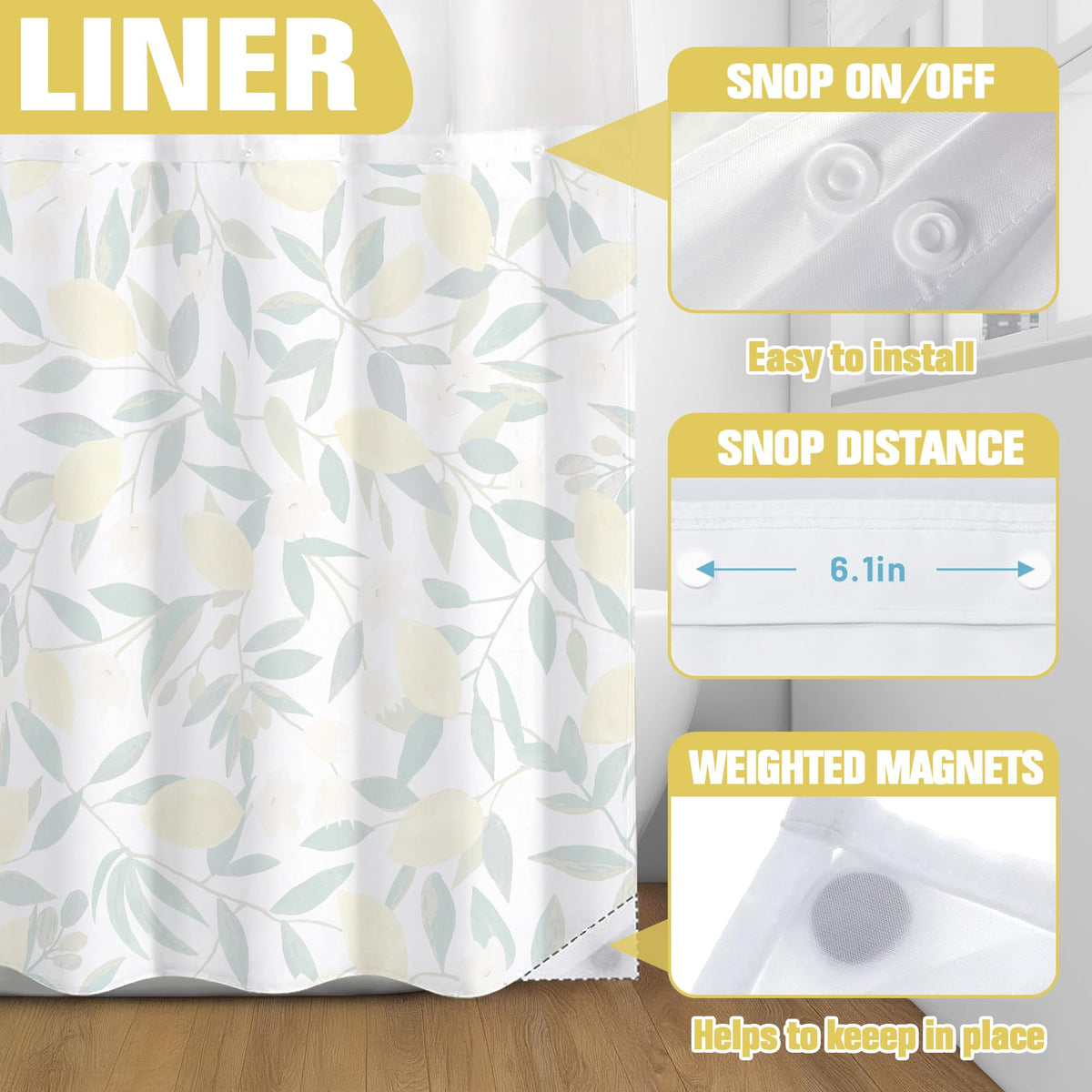 No Hook Shower Curtain with Snap in Liner (Hookless Lemon / 72"W x 74"L (Pack of 1))