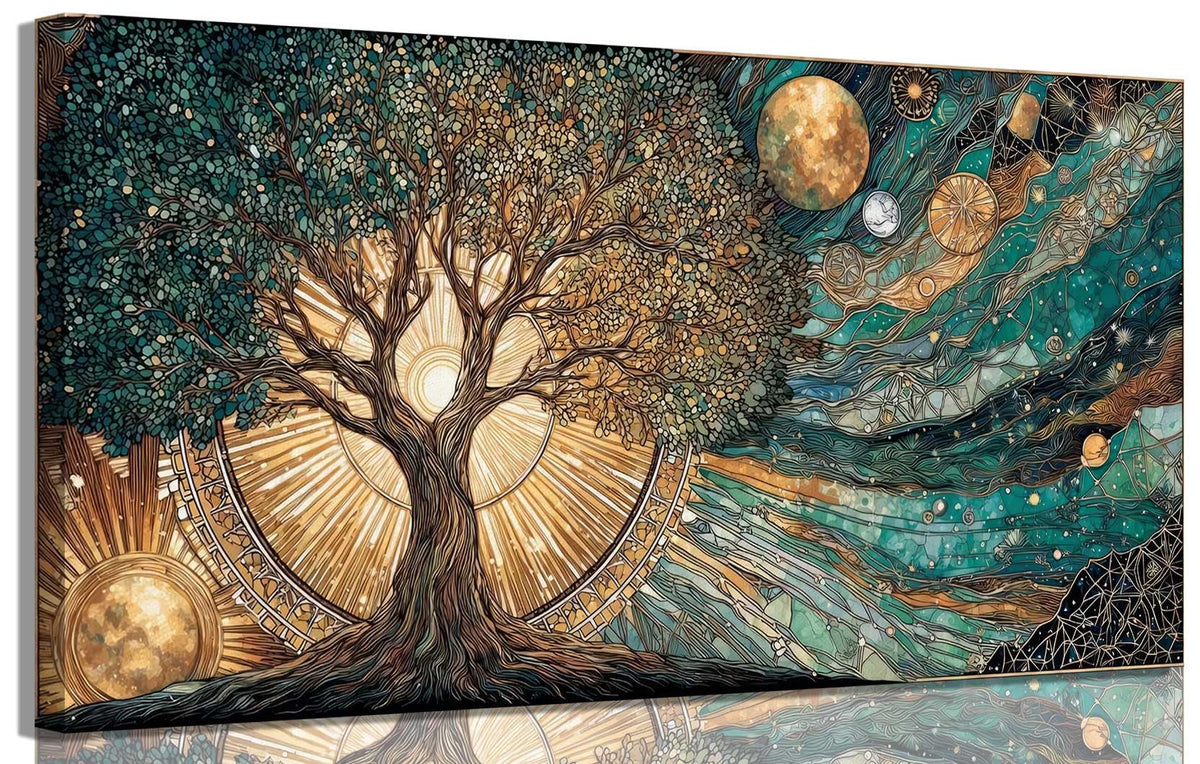 Large Frame Tree of Life Canvas Wall Art Sun and Moon Cosmic Picture Wall Decor Celestial Tree of Life Poster Print for Meditation Corner Yoga Room Living room Bedroom Home Decoration 40x20in (Cosmic Tree of Life / 40"L x 20"W)