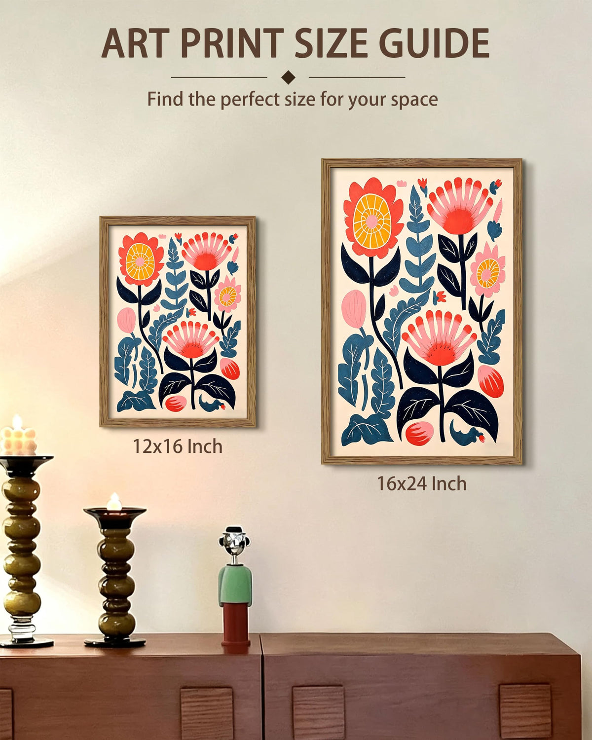 Framed Scandinavian Floral Canvas Wall Art (A-Bohemian Flower / 16"L x 12"W)