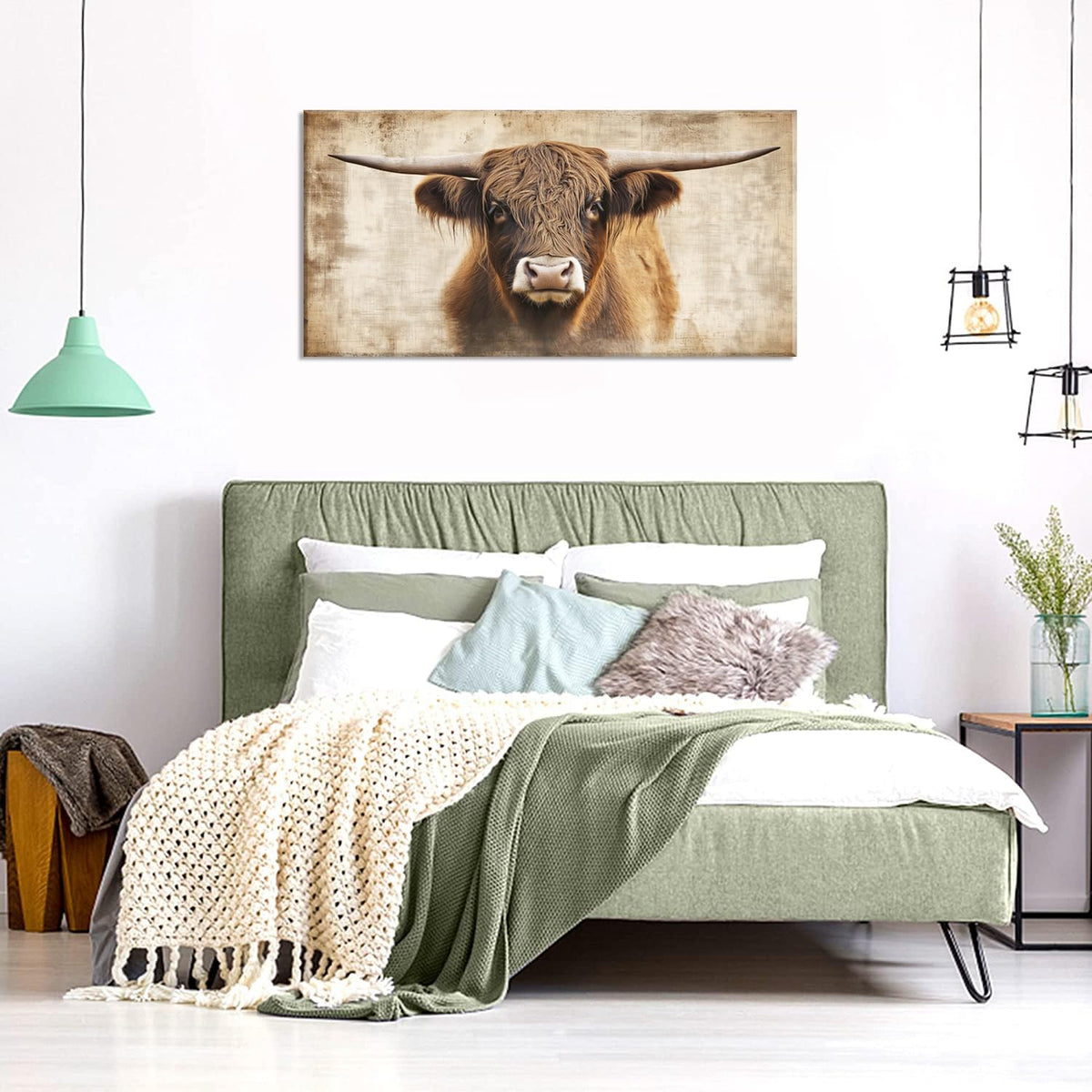 Beige Highland Cow Wall Art for Living Room Office Rustic Scottish Cattle Farmhouse Decor Painting Prints Distressed Canvas Artwork Dining Bedroom Decor Large (Farmhouse / Beige Rustic Cow Wall Art / 46"L x 23"W)