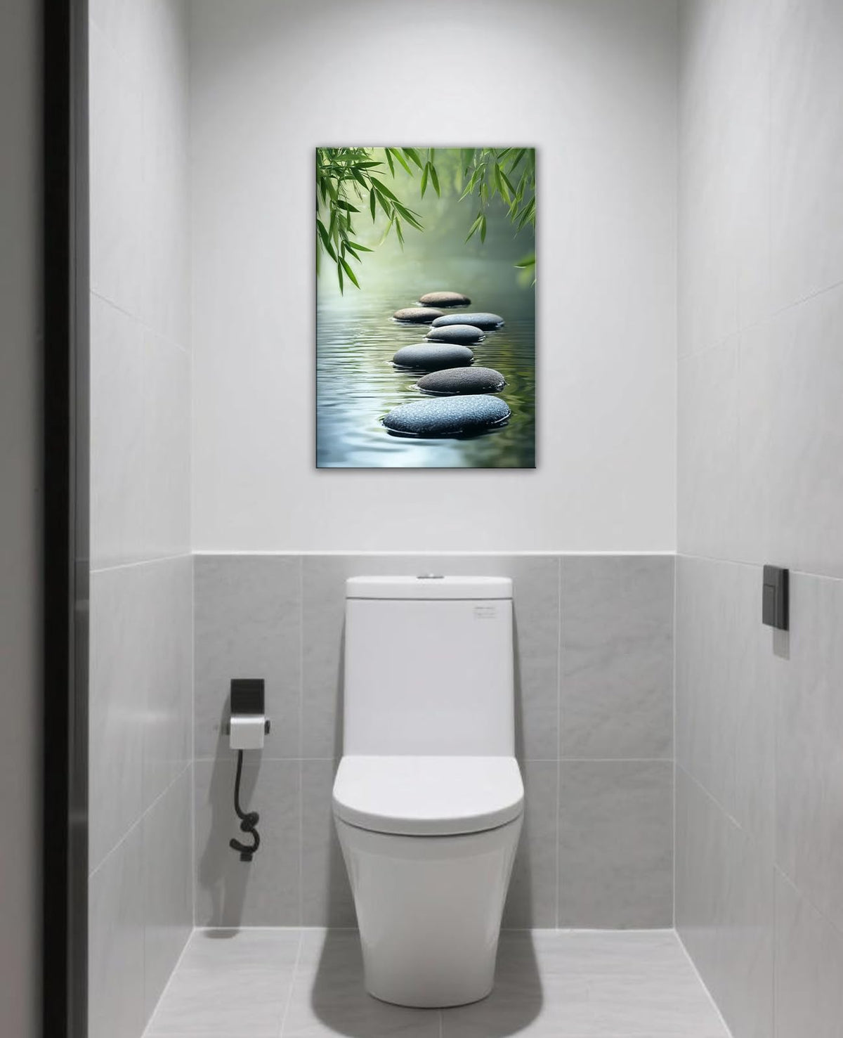 Zen Canvas Wall Art Spa Stone in Water Picture Green Bamboo Painting Zen Meditation Calming Home Decor for Living Room Bathroom (Artwork-3 / 42L" x 28W")