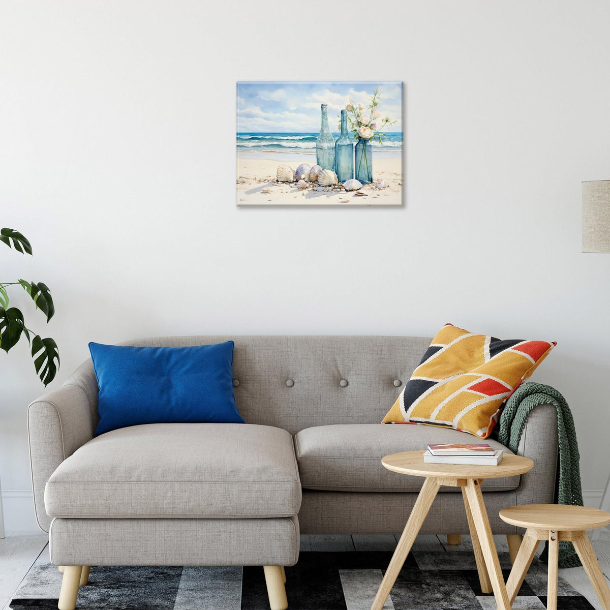 Seashell Bottle Beach Pictures Modern Seascape Canvas Prints Seaview Landscape Artwork for Home Office Living Room Bedroom Bathroom Framed Ready to Hang 12x16 Inches (16"L x 12"W / Bottle)