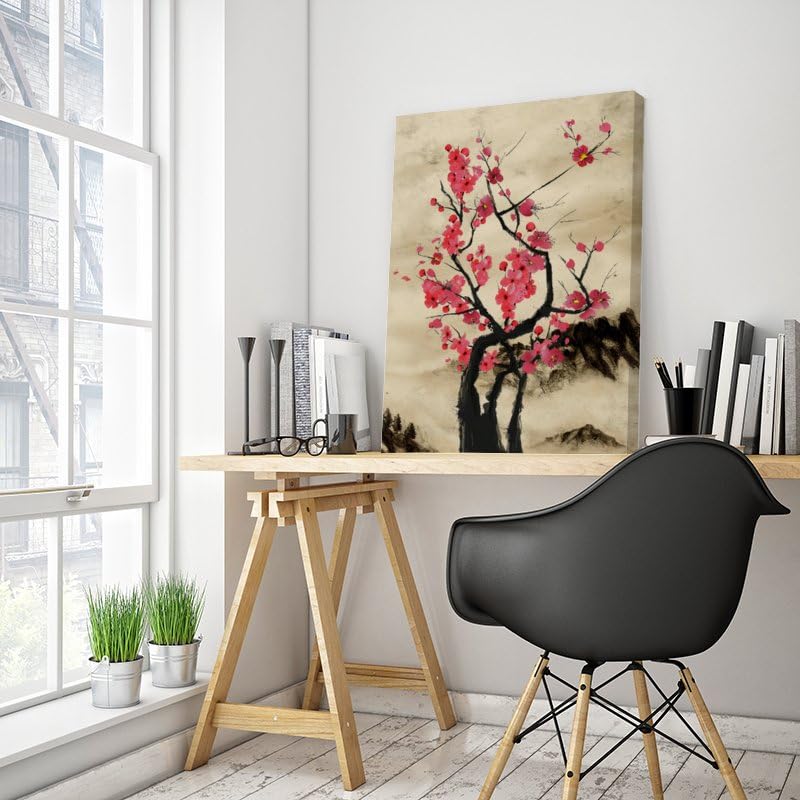Cherry Blossom Branch Print Traditional Japanese Sakura Poster Wall Art living Room Wall Hang Flowers Canvas Decor Framed 8"X12" (12"L x 8"W / Frame-5)