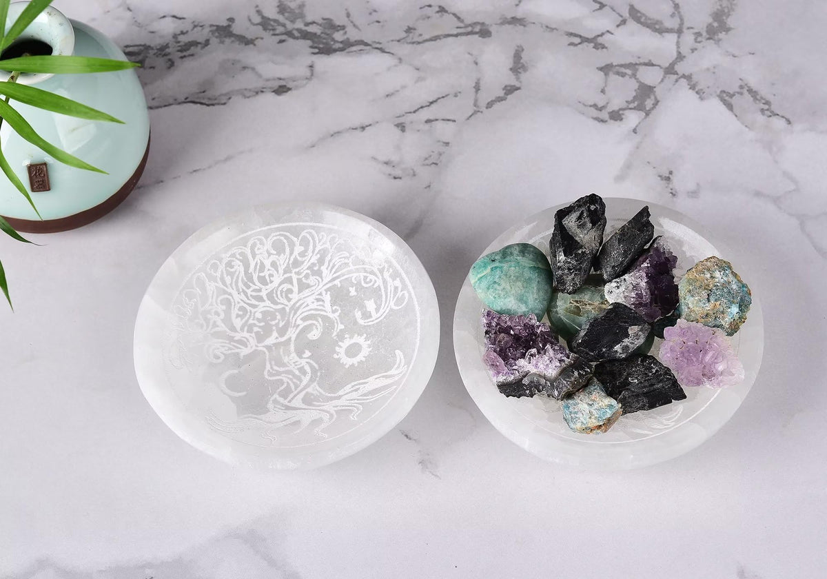 Natural Selenite Charging Bowl with Tree of Life Engraving 3.5 (Round Tree of Life 3.5-4 inches)