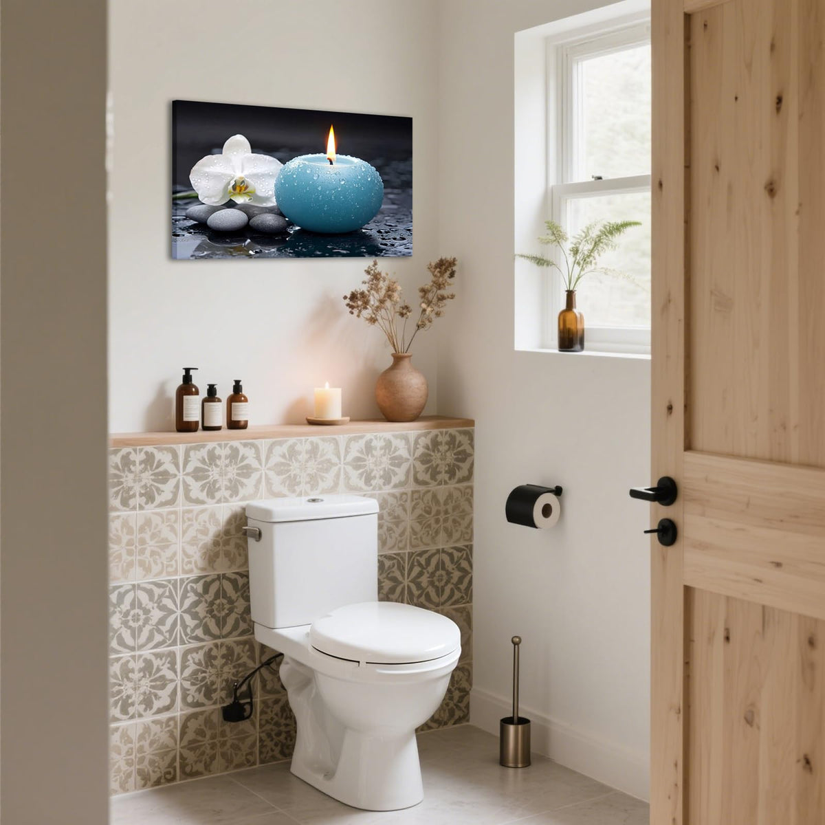Zen Canvas Wall Art Blue Candle with White Orchid Picture Painting Framed Artwork Poster for Yoga Meditation Room Spa Bathroom Decor (WE000050-3 / 18"L x 12"W)