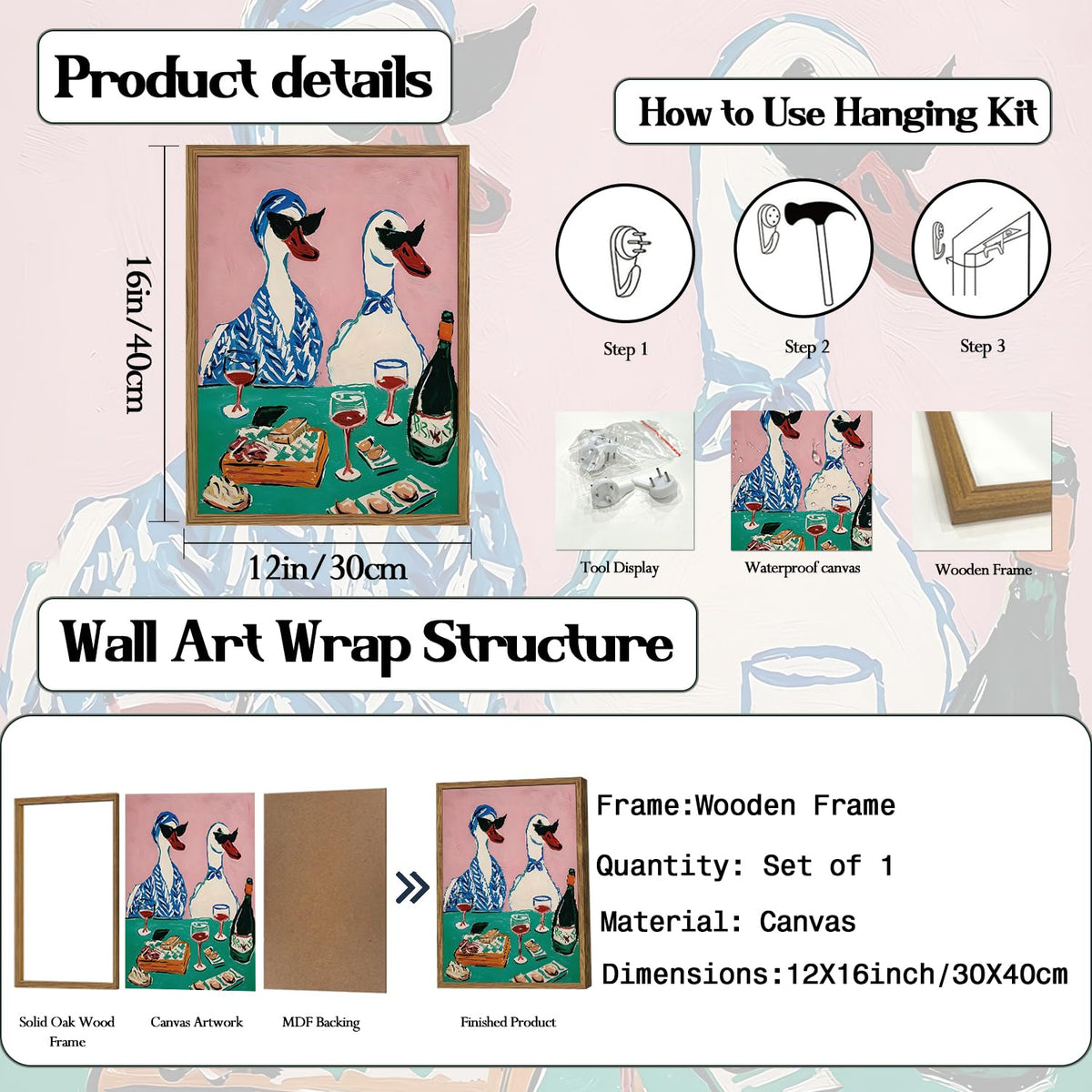Framed Funny Duck Canvas Wall Art (Funny Duck / 16"L x 12"W)