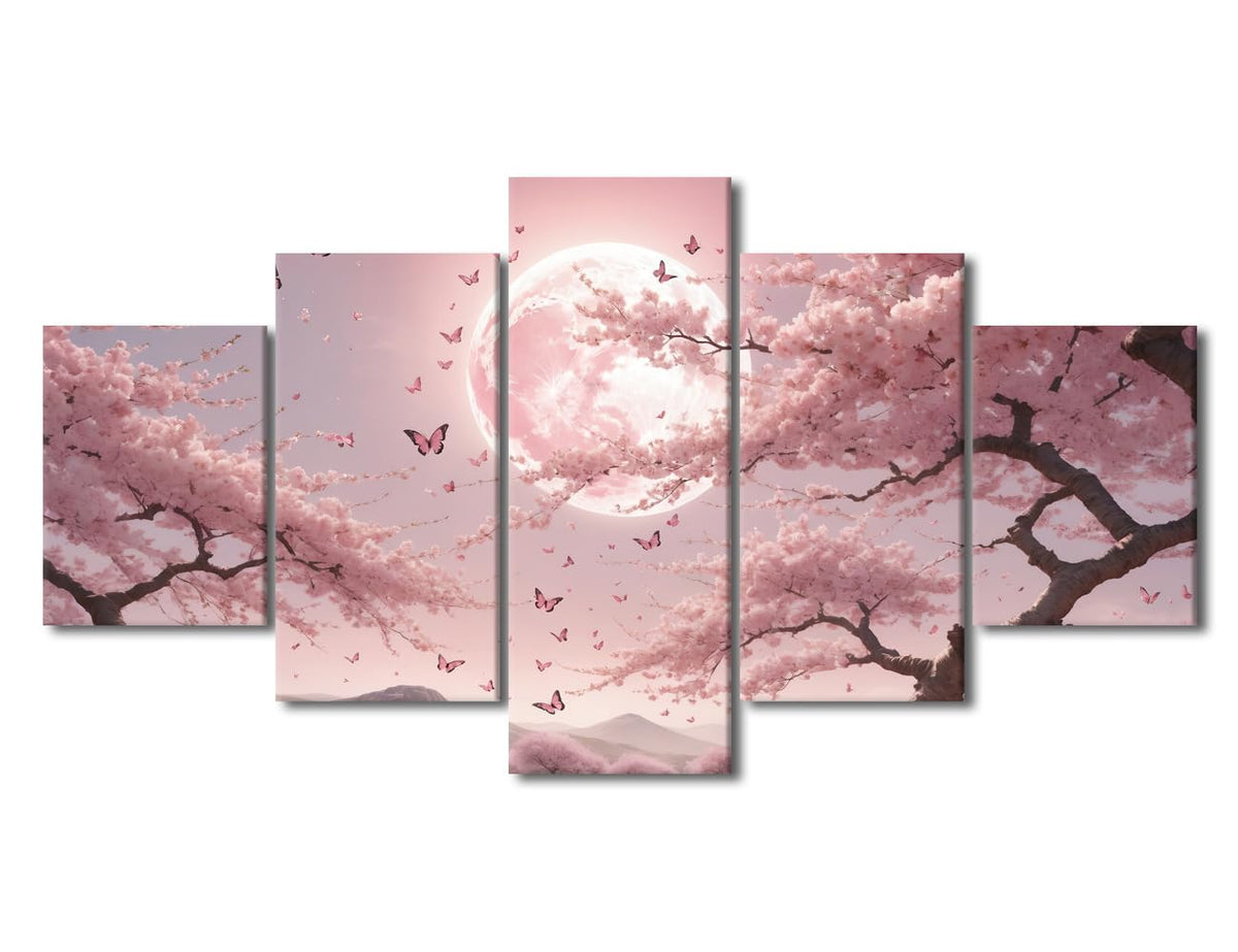 Wall Art Canvas Print Petal Drift Under Lunar Glow Framed Artwork Ethereal Spring Painting Japanese Garden Decor Living Room Wall Display Tranquil Nature Scene 60" Wx32 H (60''Wx32''H / Artwork-11)